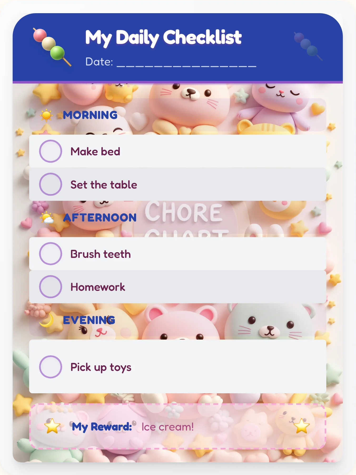 Mellow Kawaii Day Tracker - printable kawaii chore chart
