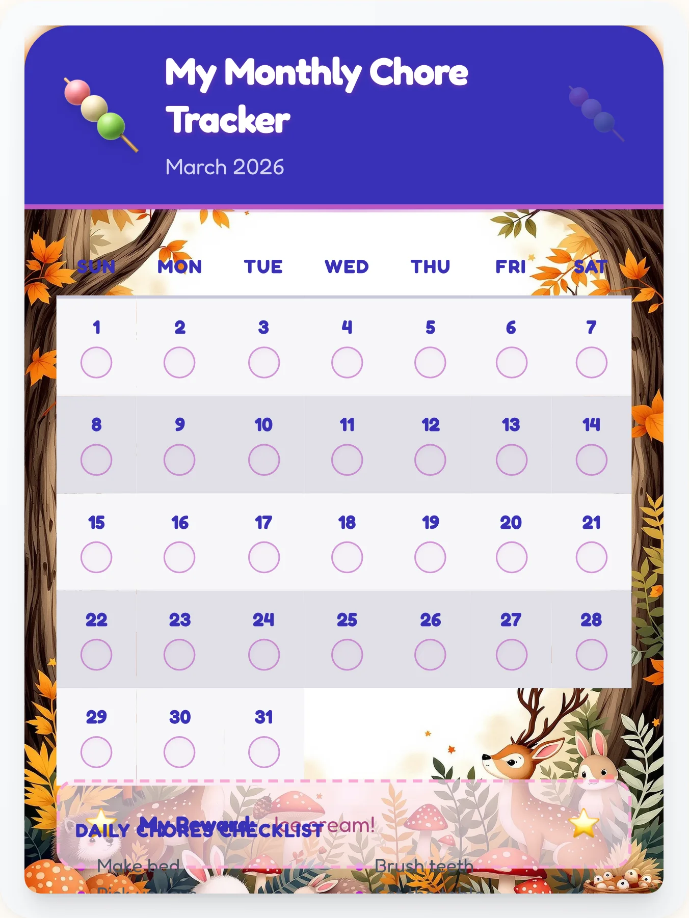 Organic Kawaii Calendar Chart - printable kawaii chore chart