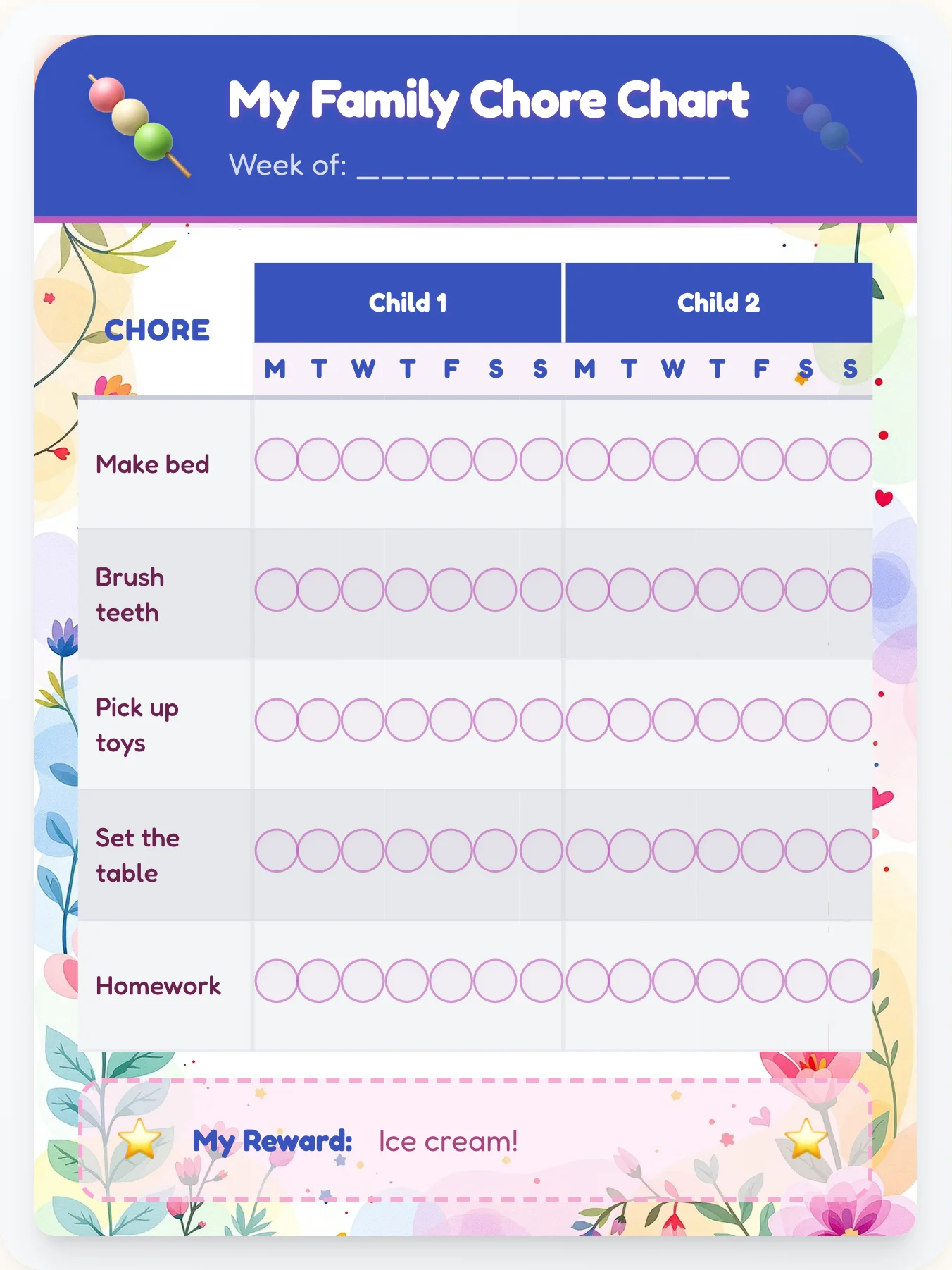 Mellow Kawaii Family Chart - printable kawaii chore chart
