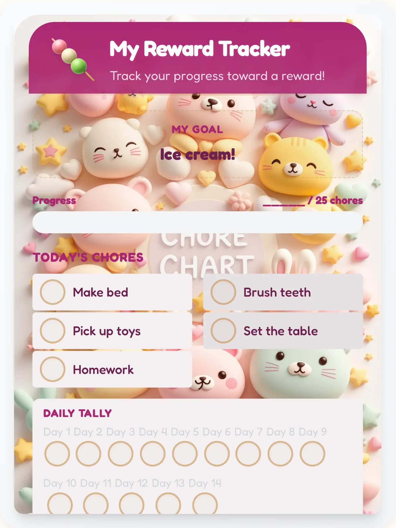 Calm Kawaii Points Tracker - printable kawaii chore chart