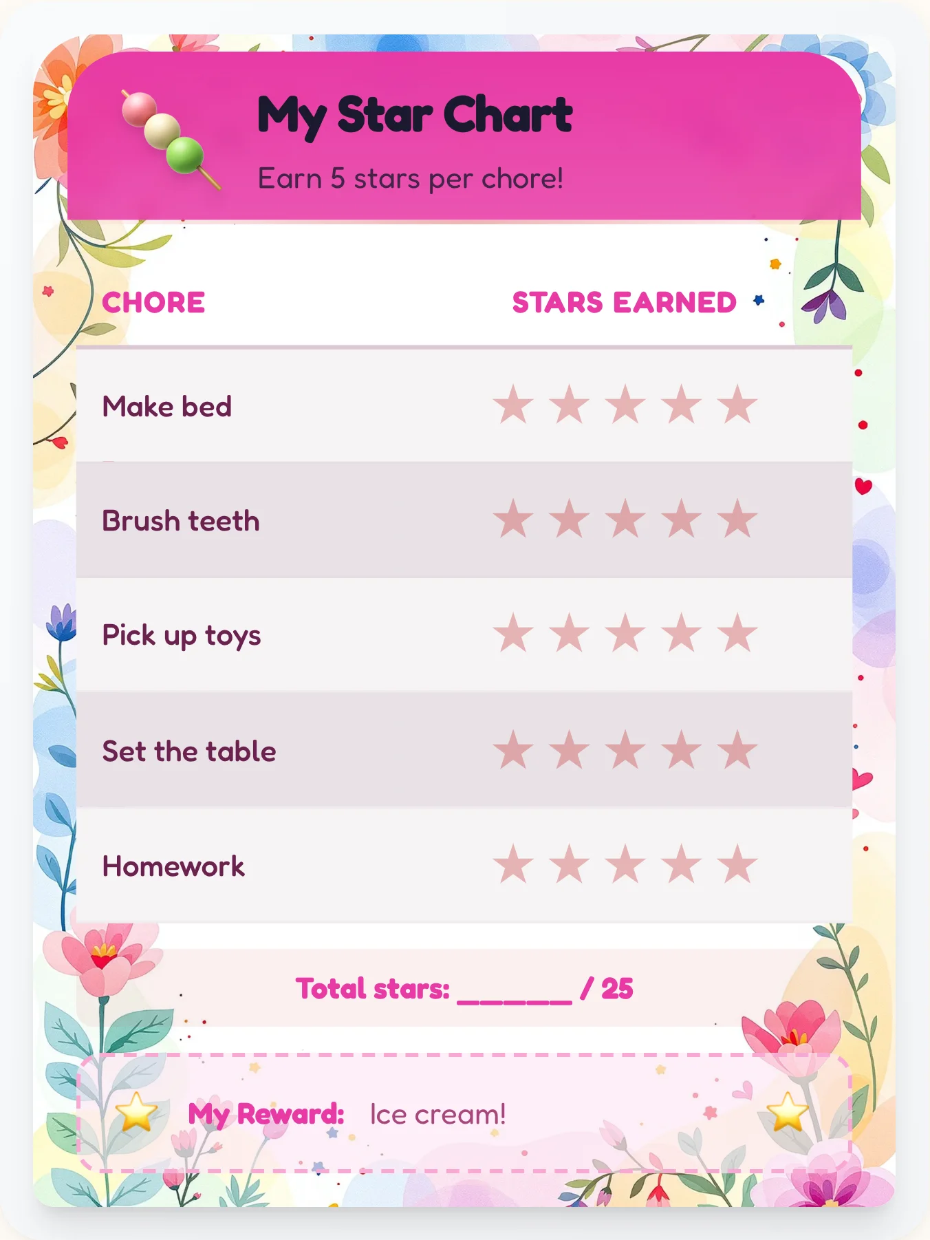Calm Kawaii Star Rewards - printable kawaii chore chart