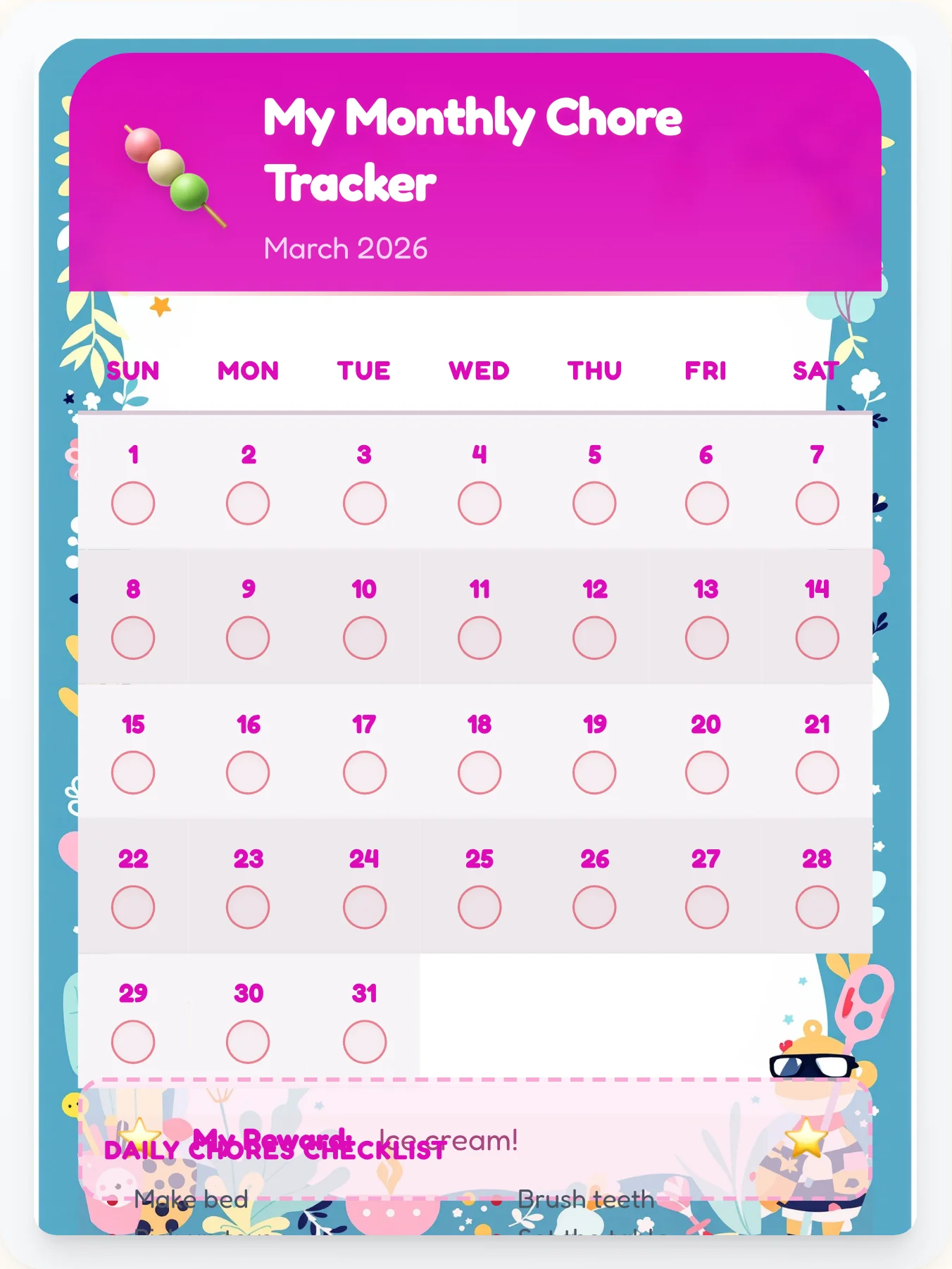Airy Kawaii Monthly Planner - printable kawaii chore chart