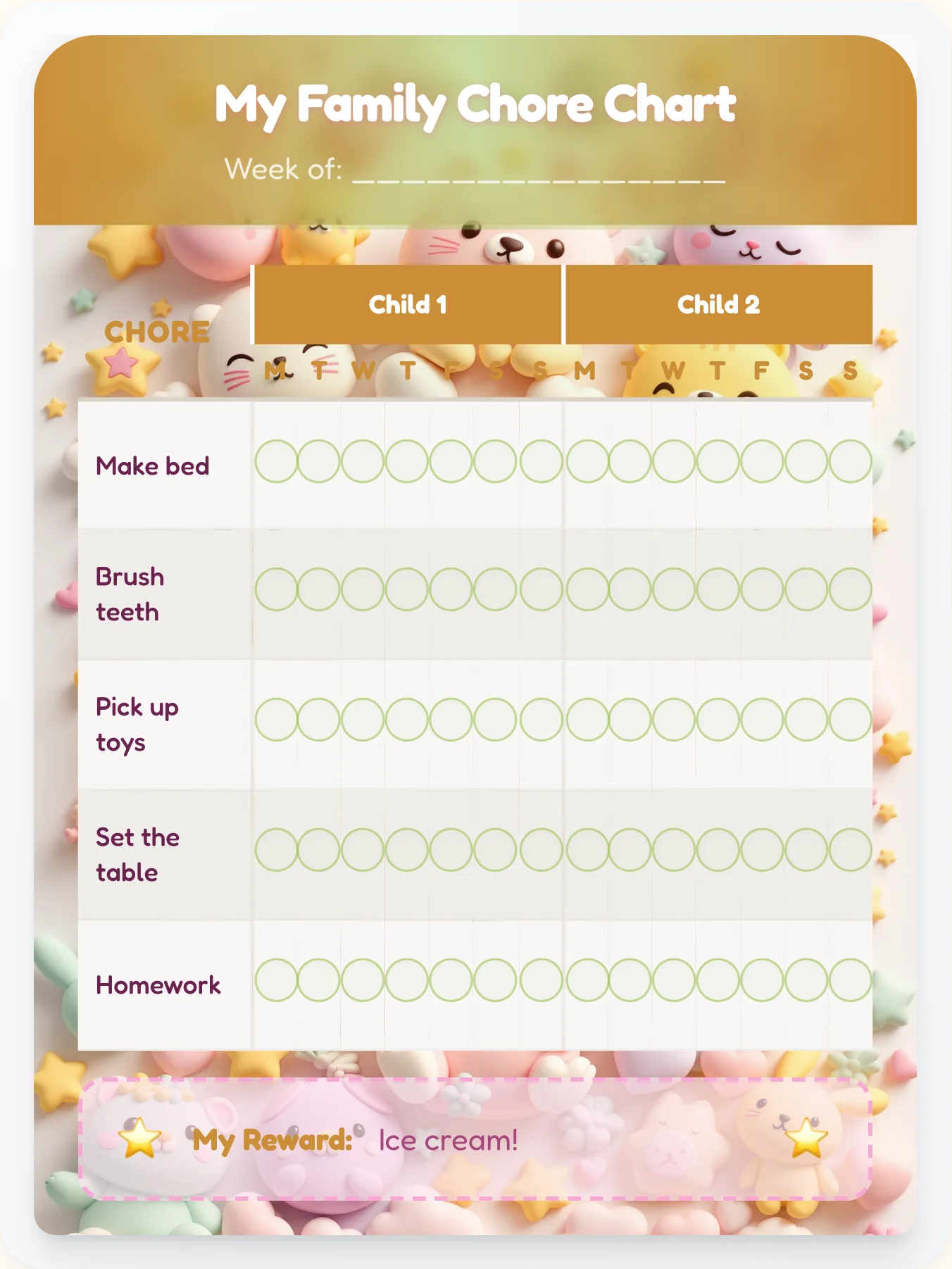 Golden Kawaii Sibling Board - printable kawaii chore chart