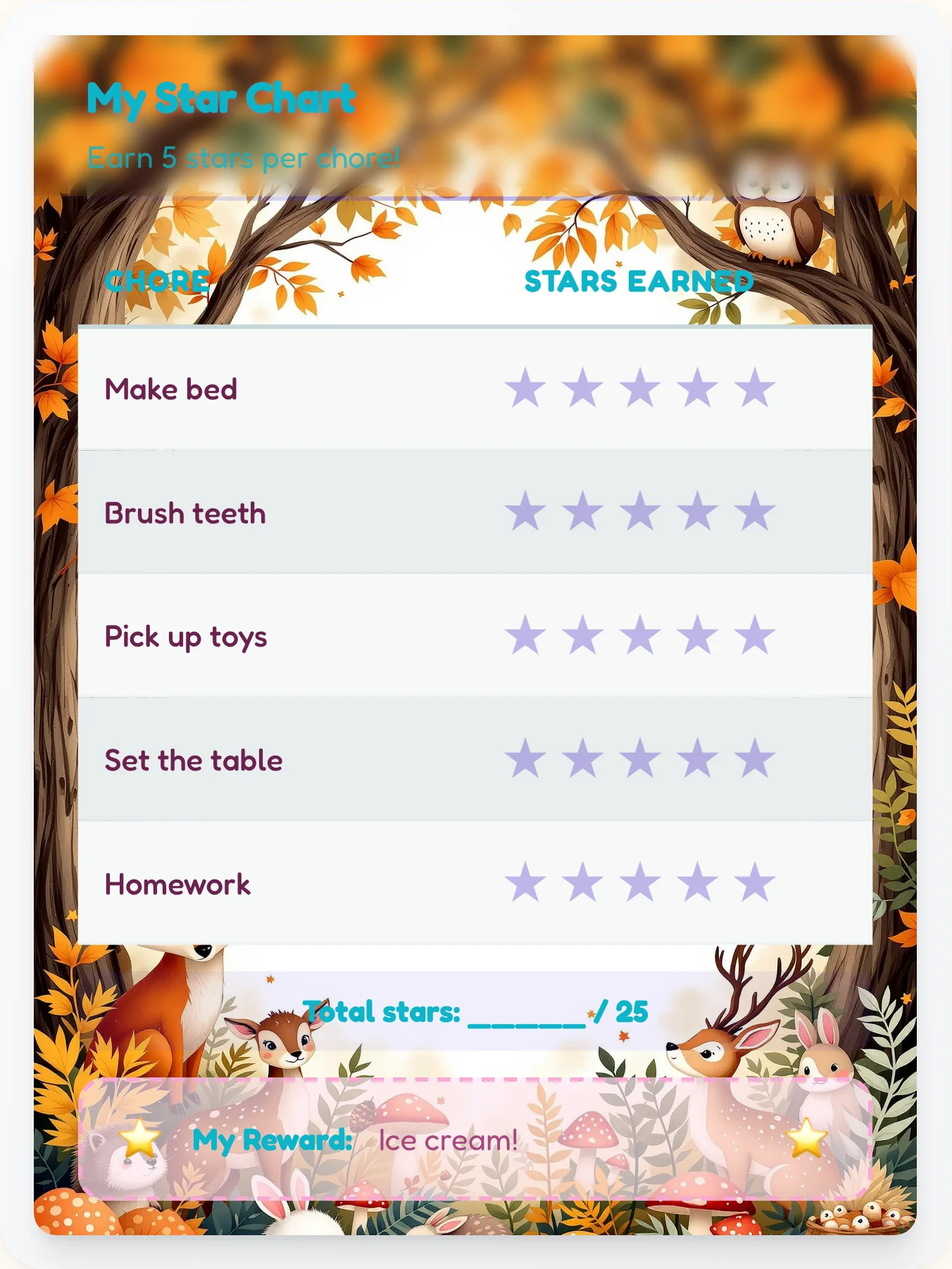 Harmony Kawaii Star Rewards - printable kawaii chore chart