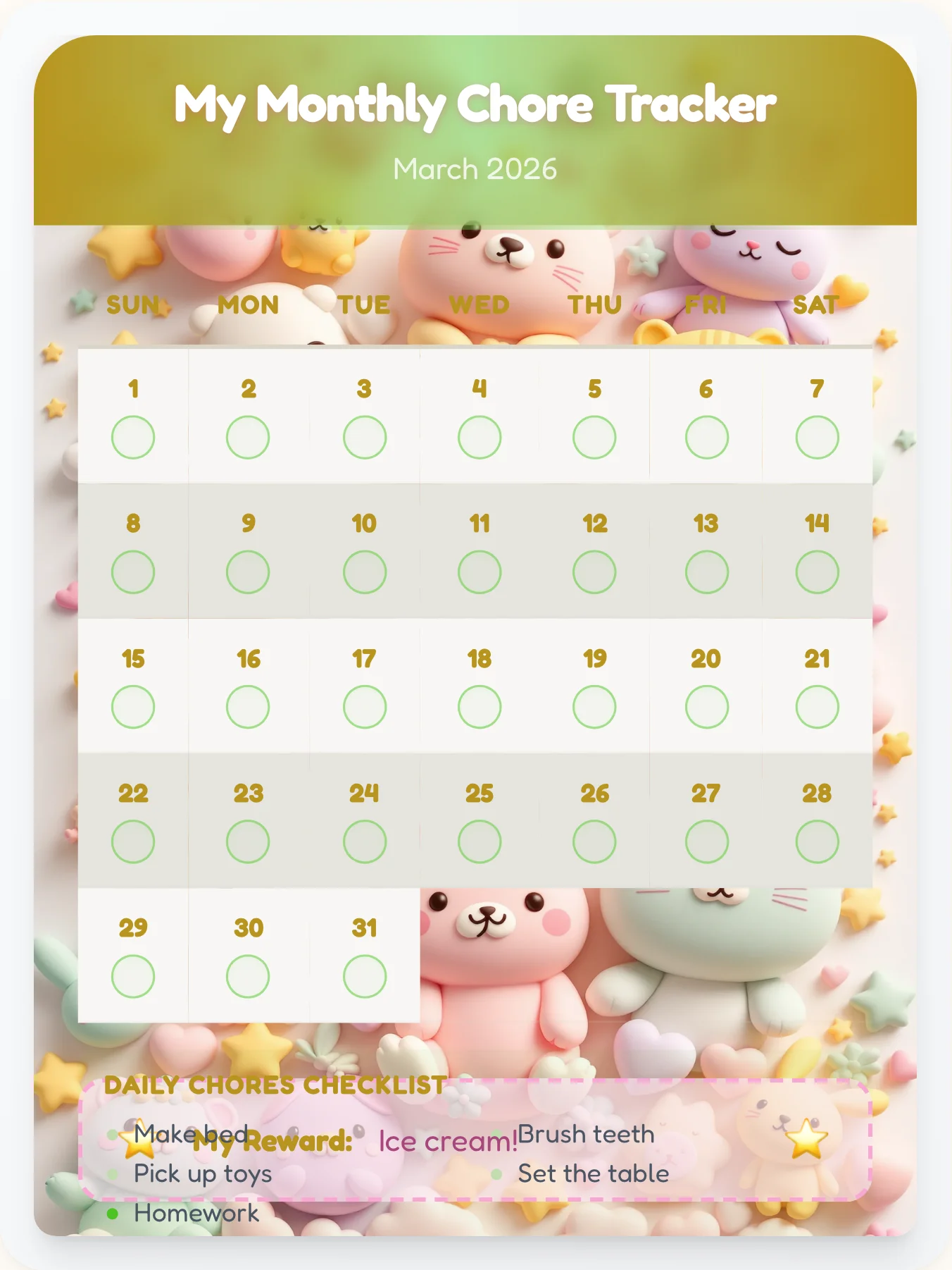 Happy Kawaii Calendar Board - printable kawaii chore chart