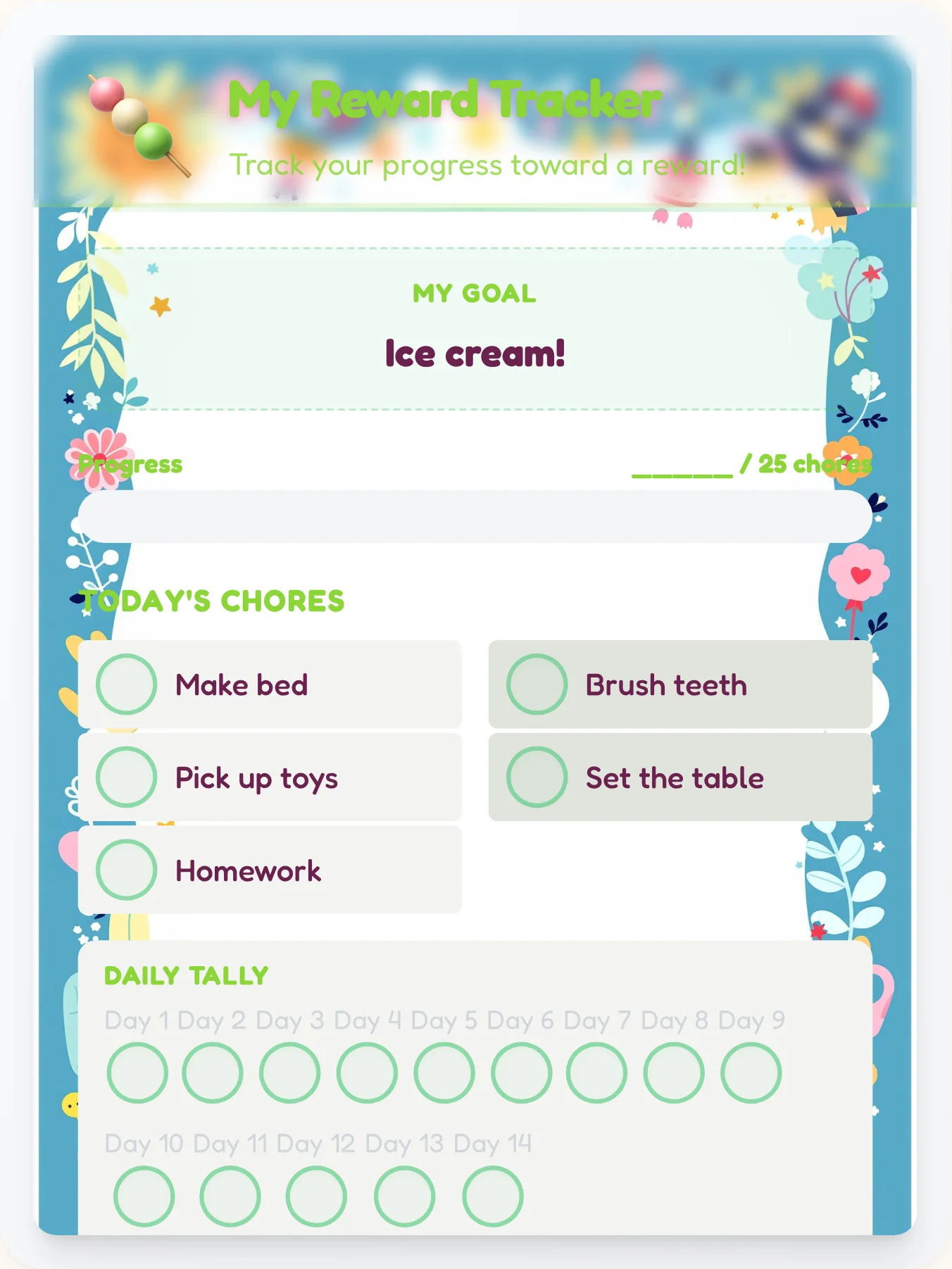 Quiet Kawaii Goal Chart - printable kawaii chore chart