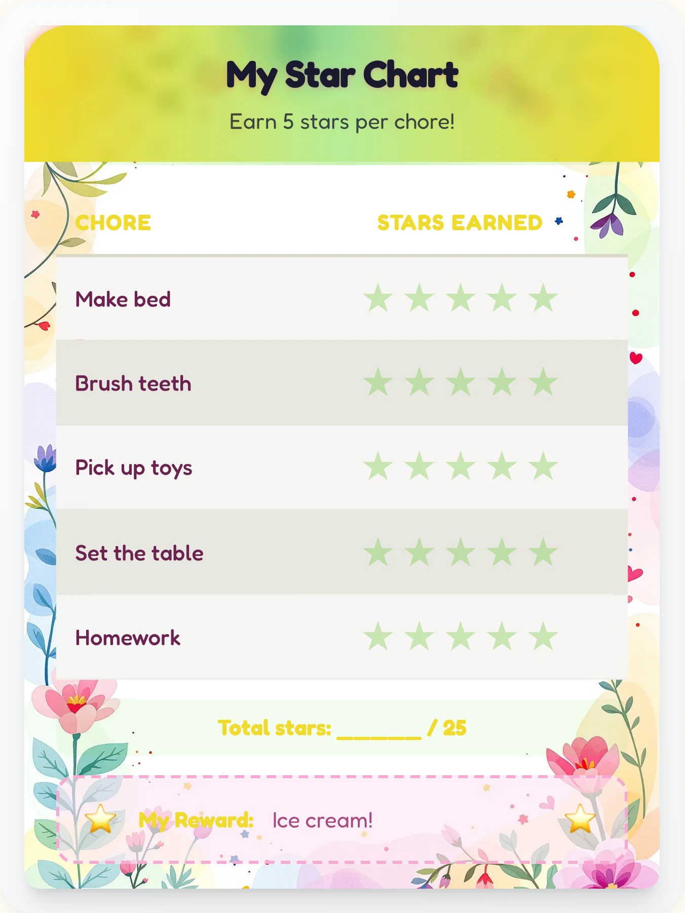 Jolly Kawaii Star Board - printable kawaii chore chart
