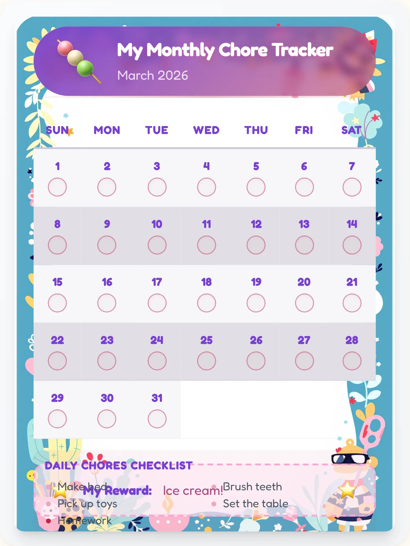 Royal Kawaii Month View - printable kawaii chore chart