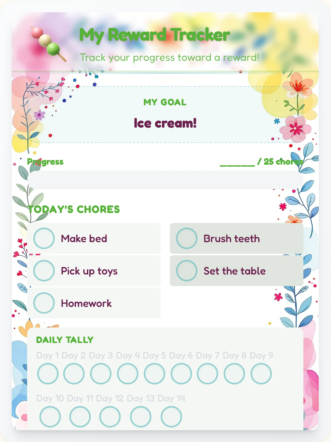 Sunny Kawaii Reward Board - printable kawaii chore chart