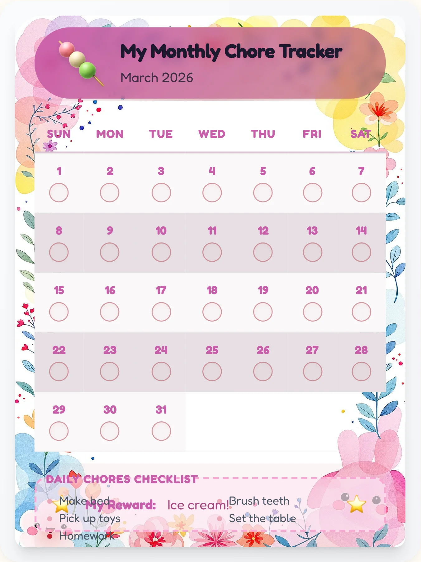 Bold Kawaii Monthly Planner - printable kawaii chore chart