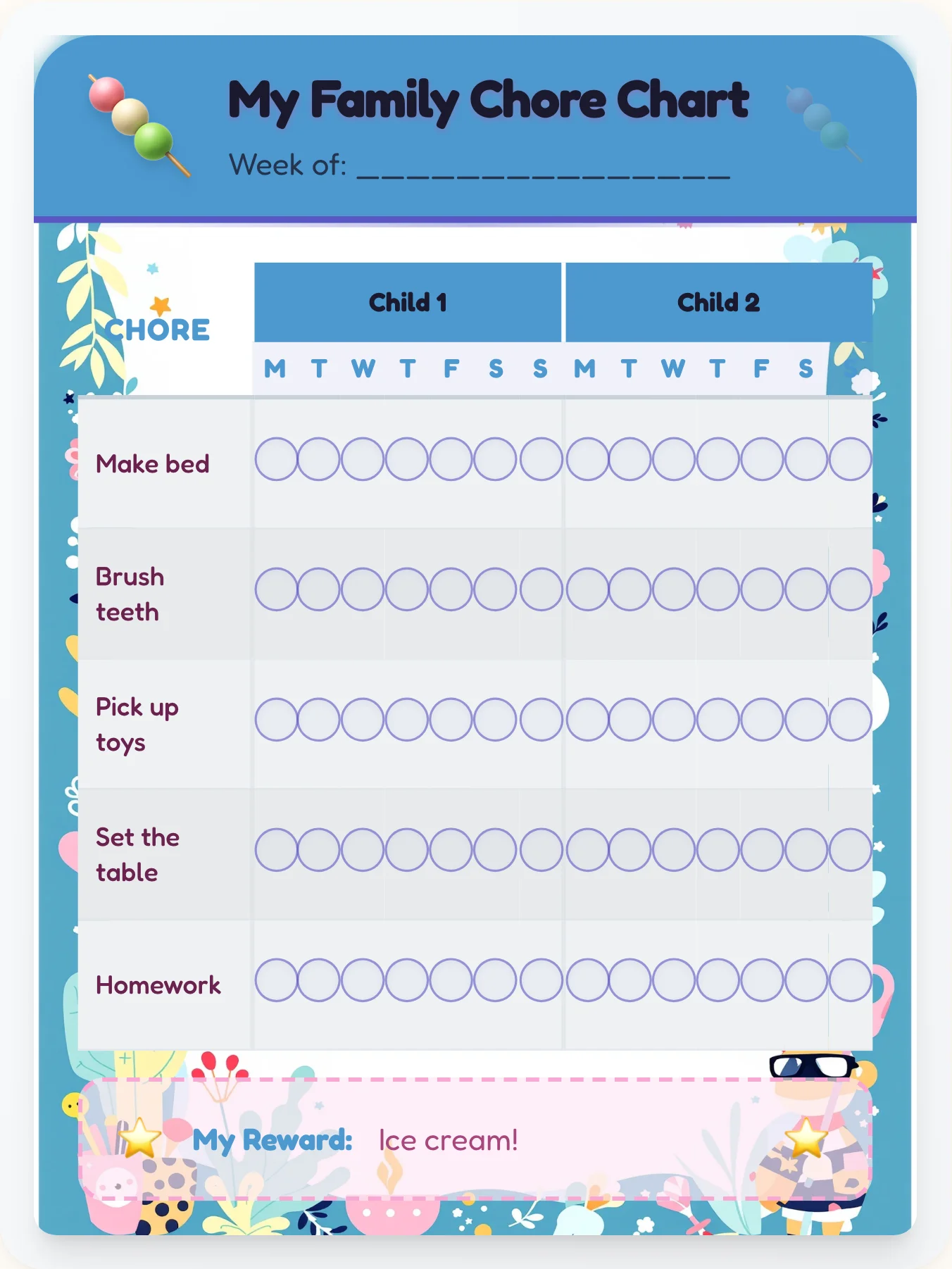 Joyful Kawaii Sibling Board - printable kawaii chore chart