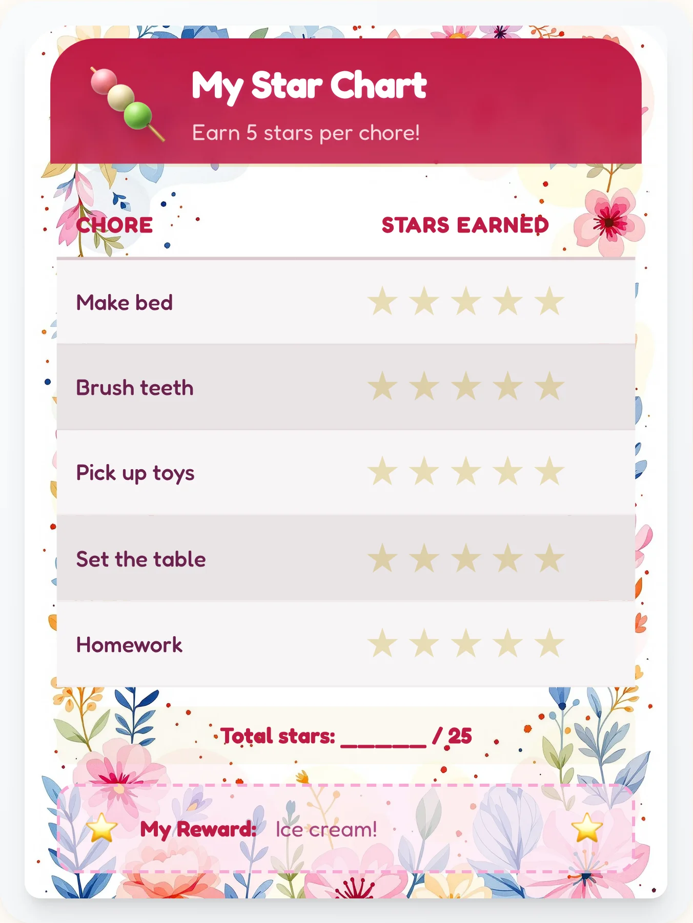 Frosty Kawaii Star Rewards - printable kawaii chore chart