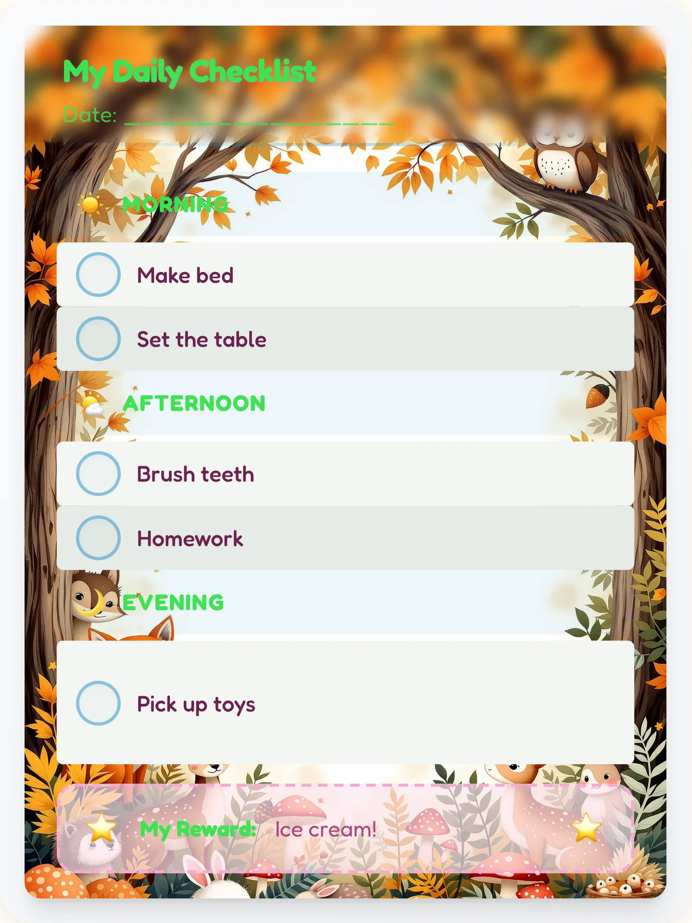 Warm Kawaii Daily Log - printable kawaii chore chart