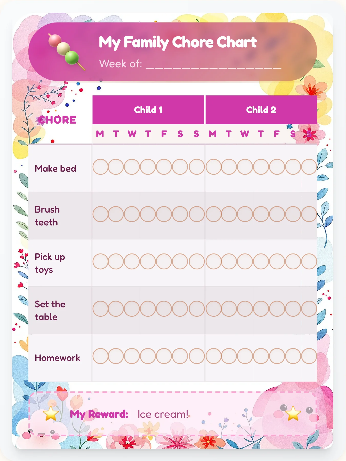 Bold Kawaii Multi-Kid Tracker - printable kawaii chore chart
