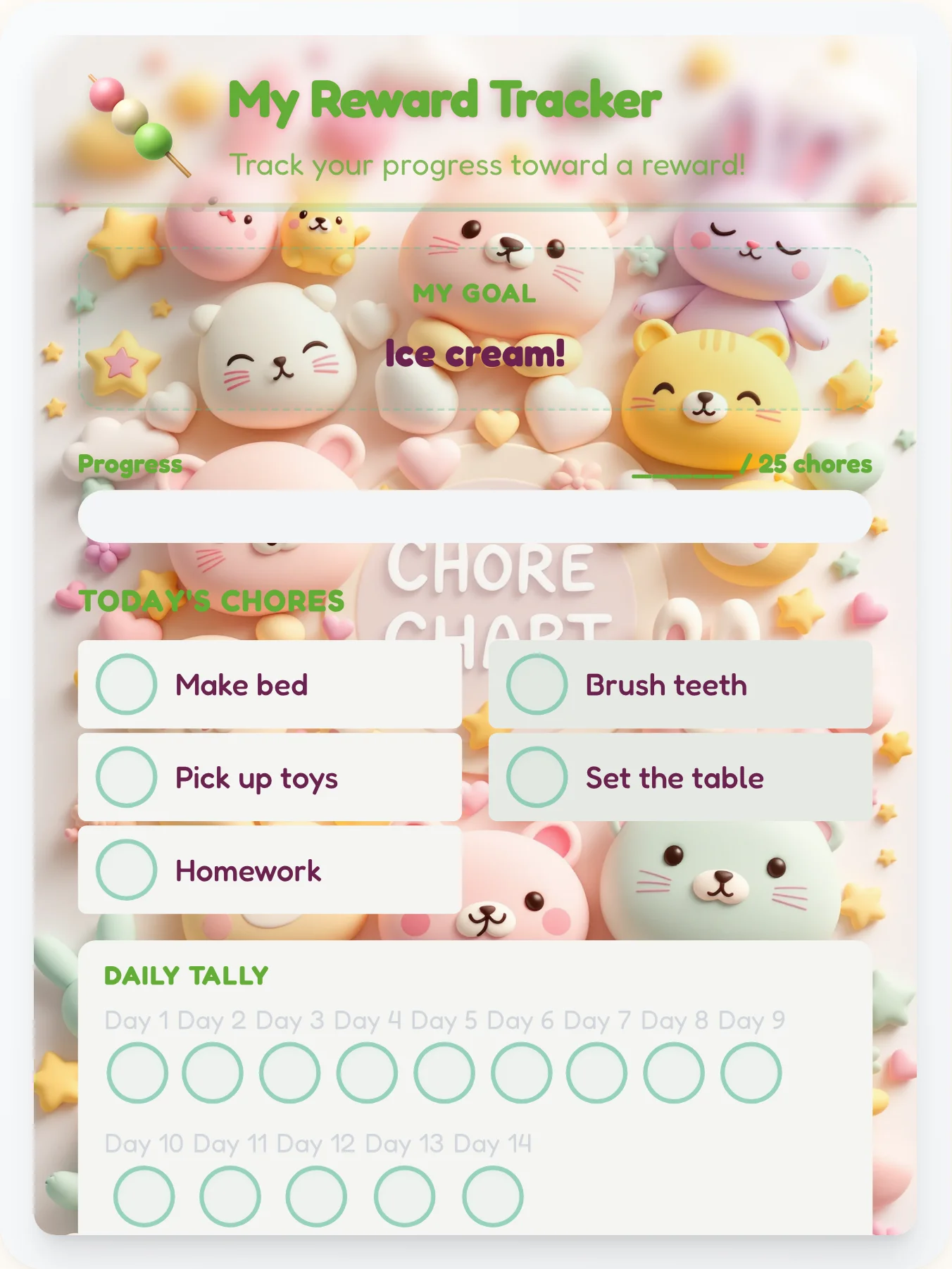 Radiant Kawaii Reward Board - printable kawaii chore chart