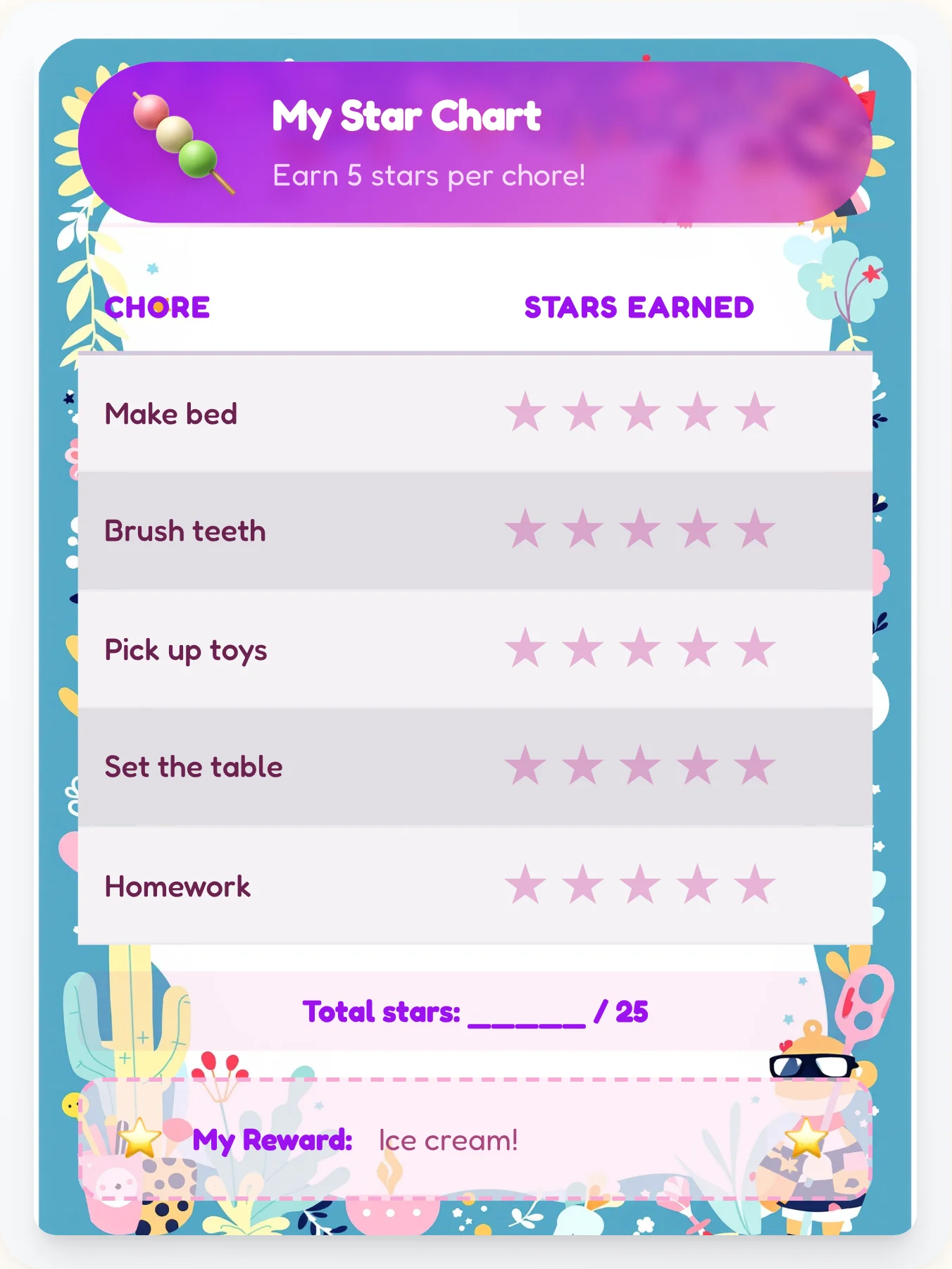 Tranquil Kawaii Star Rewards - printable kawaii chore chart
