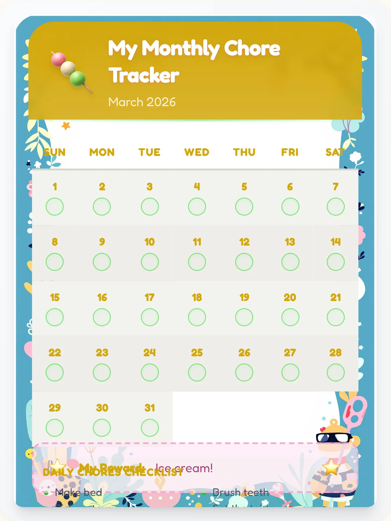 Happy Kawaii Calendar Board - printable kawaii chore chart