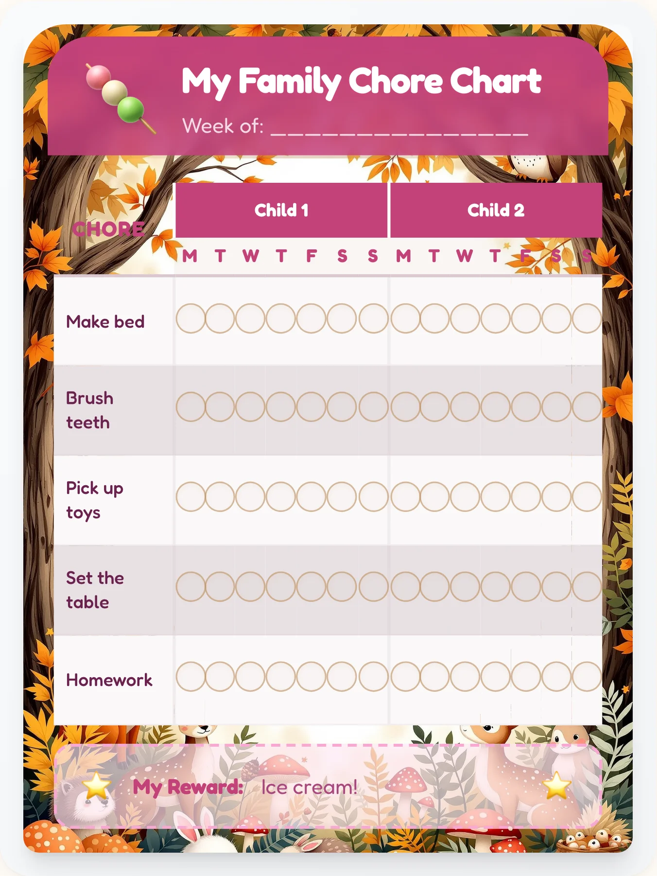 Delicate Kawaii Family Chart - printable kawaii chore chart
