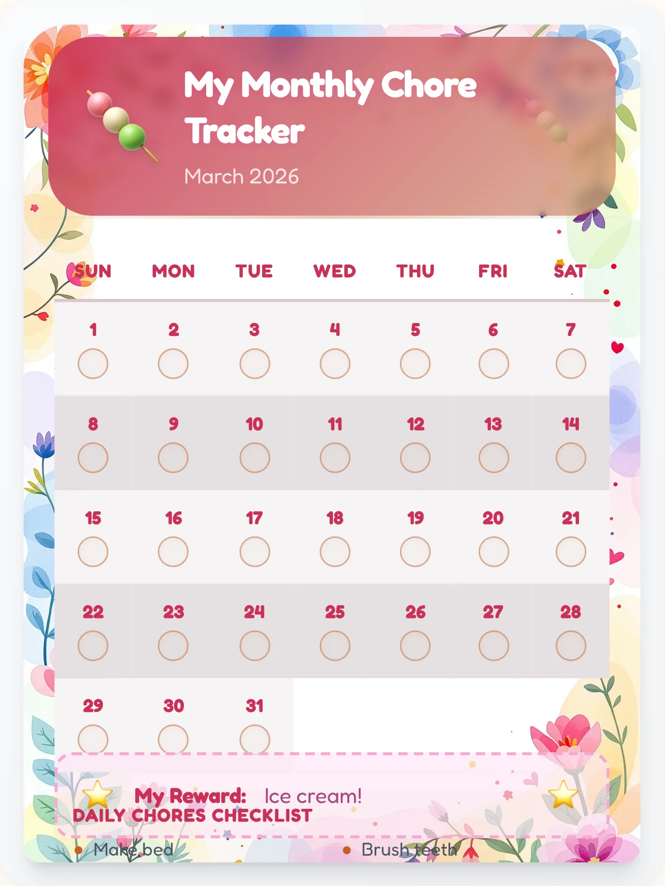 Frosty Kawaii Month View - printable kawaii chore chart