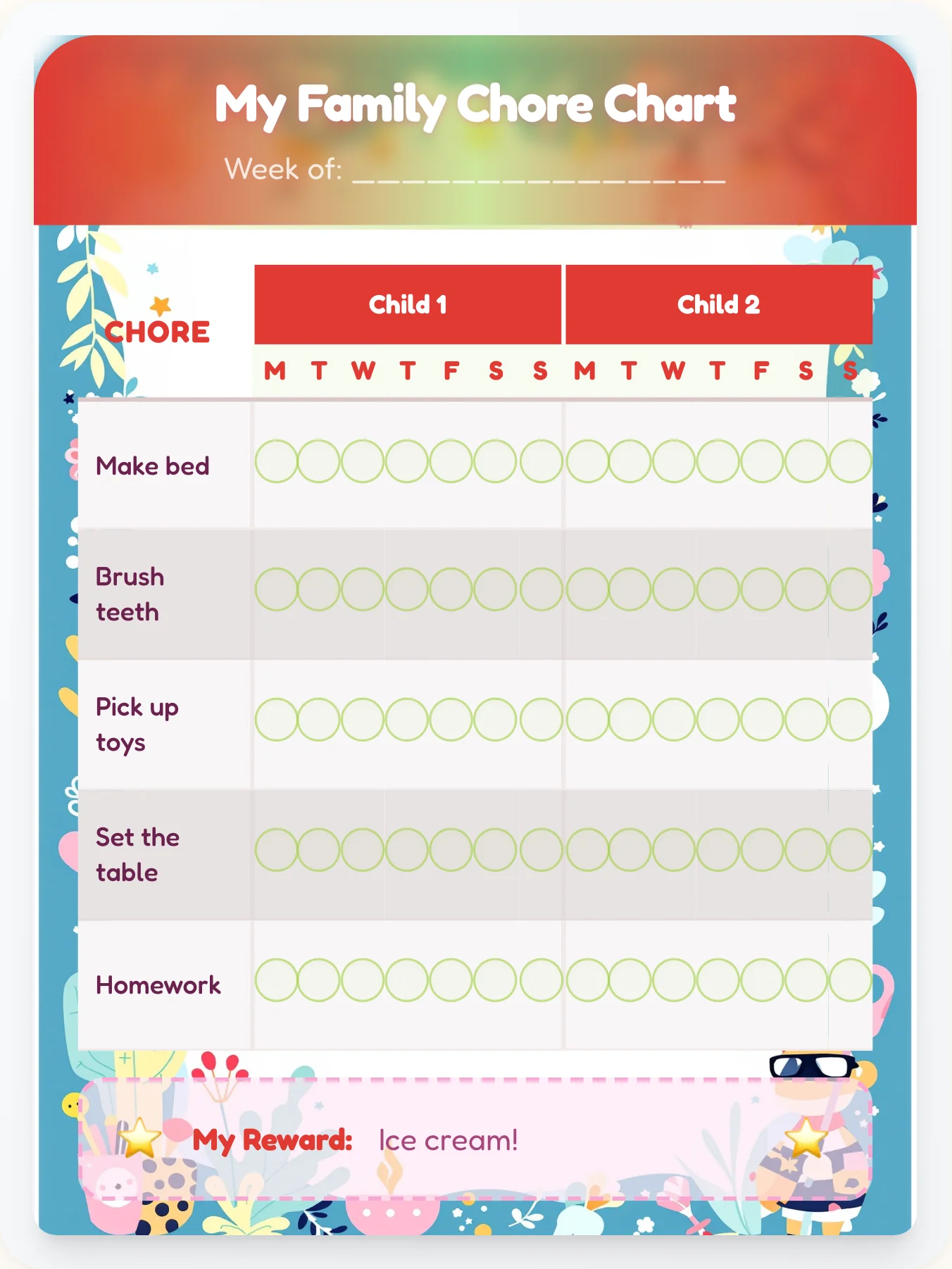 Bright Kawaii Group Planner - printable kawaii chore chart