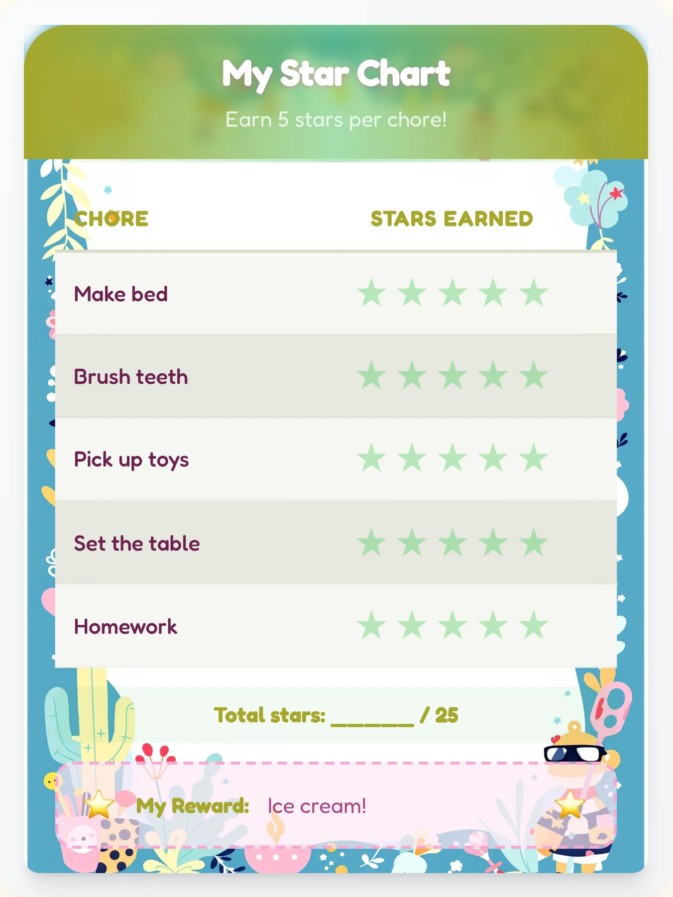 Lively Kawaii Star Tracker - printable kawaii chore chart
