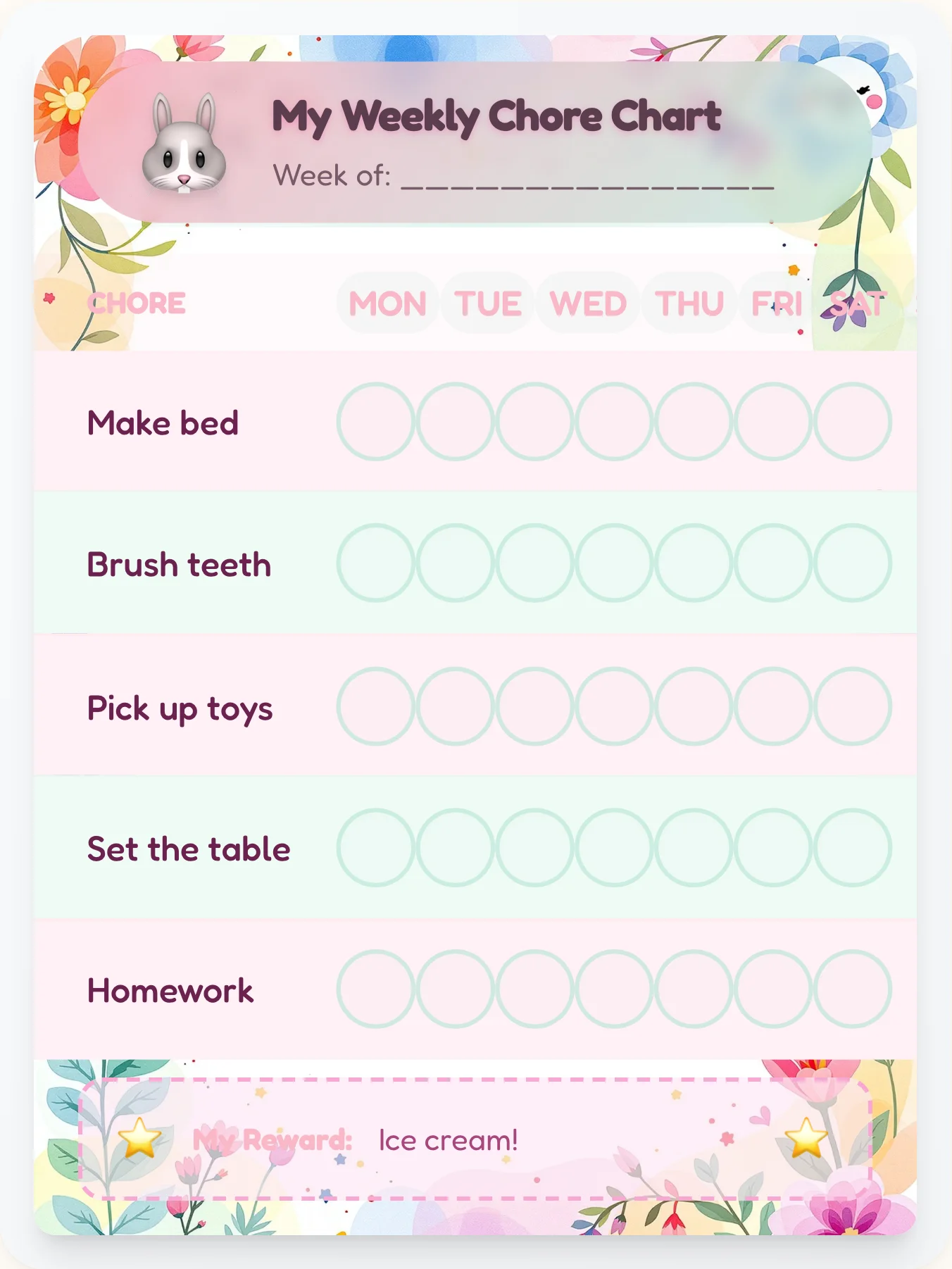 Sakura Bunny Dreams Chore Chart - printable kawaii chore chart