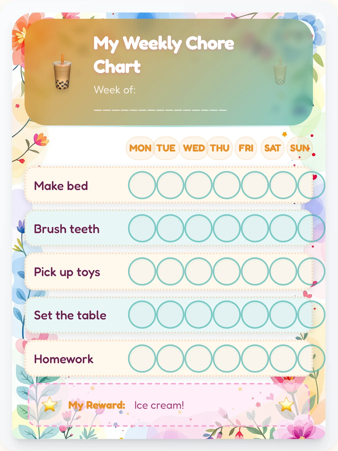 Yummy Boba Dreams Chore Chart - printable kawaii chore chart
