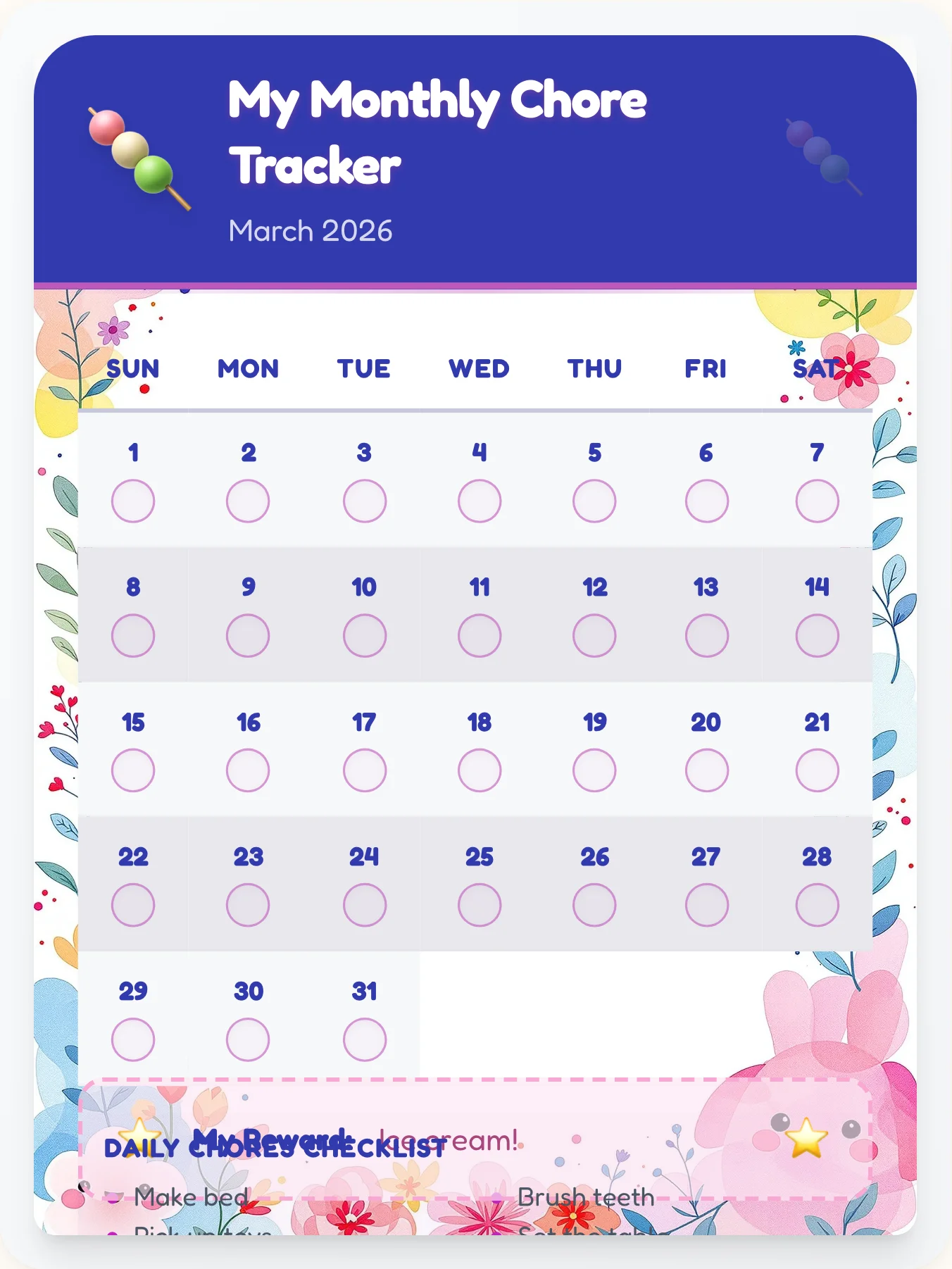 Natural Kawaii Monthly Planner - printable kawaii chore chart