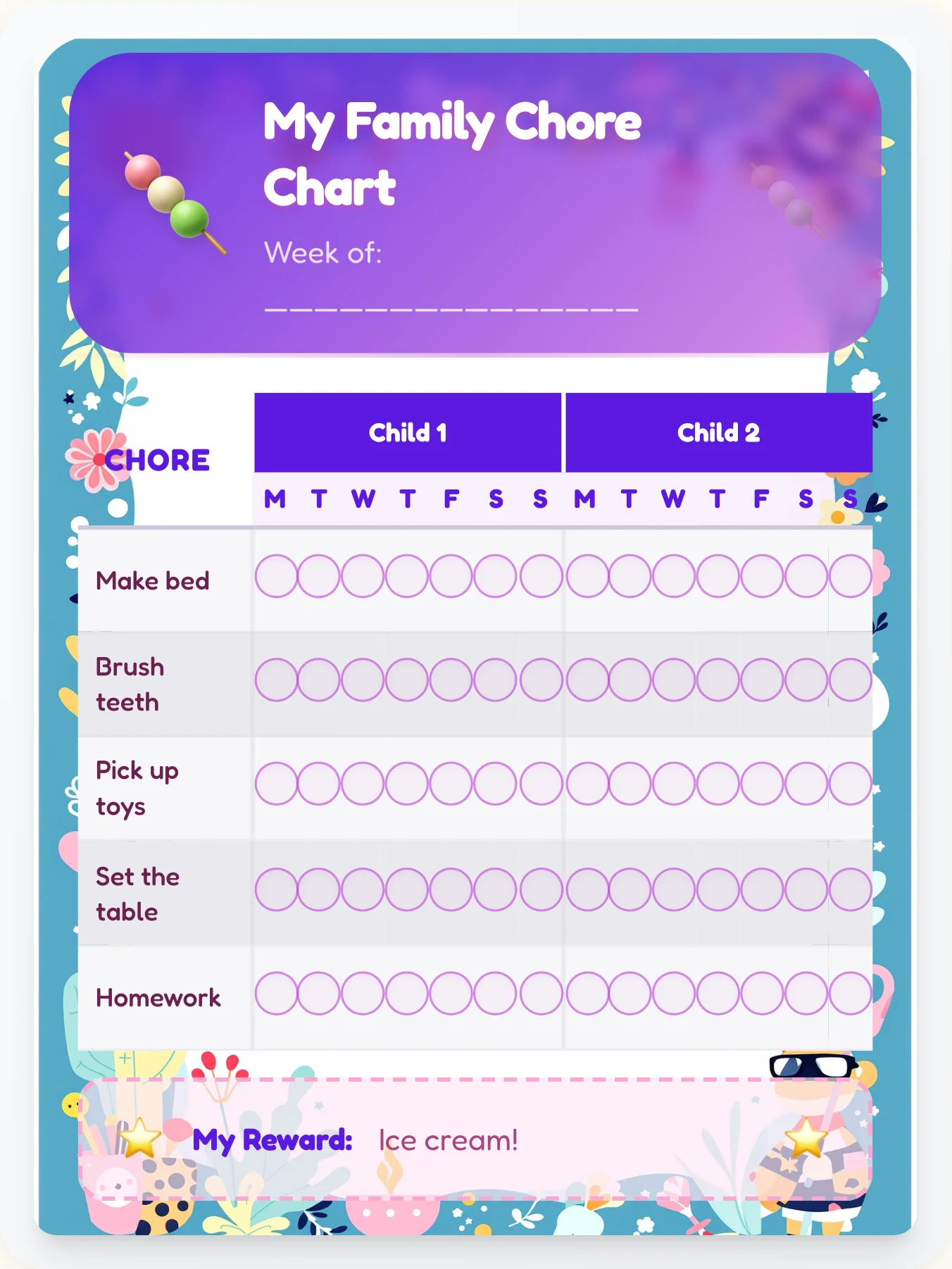 Royal Kawaii Team Chart - printable kawaii chore chart