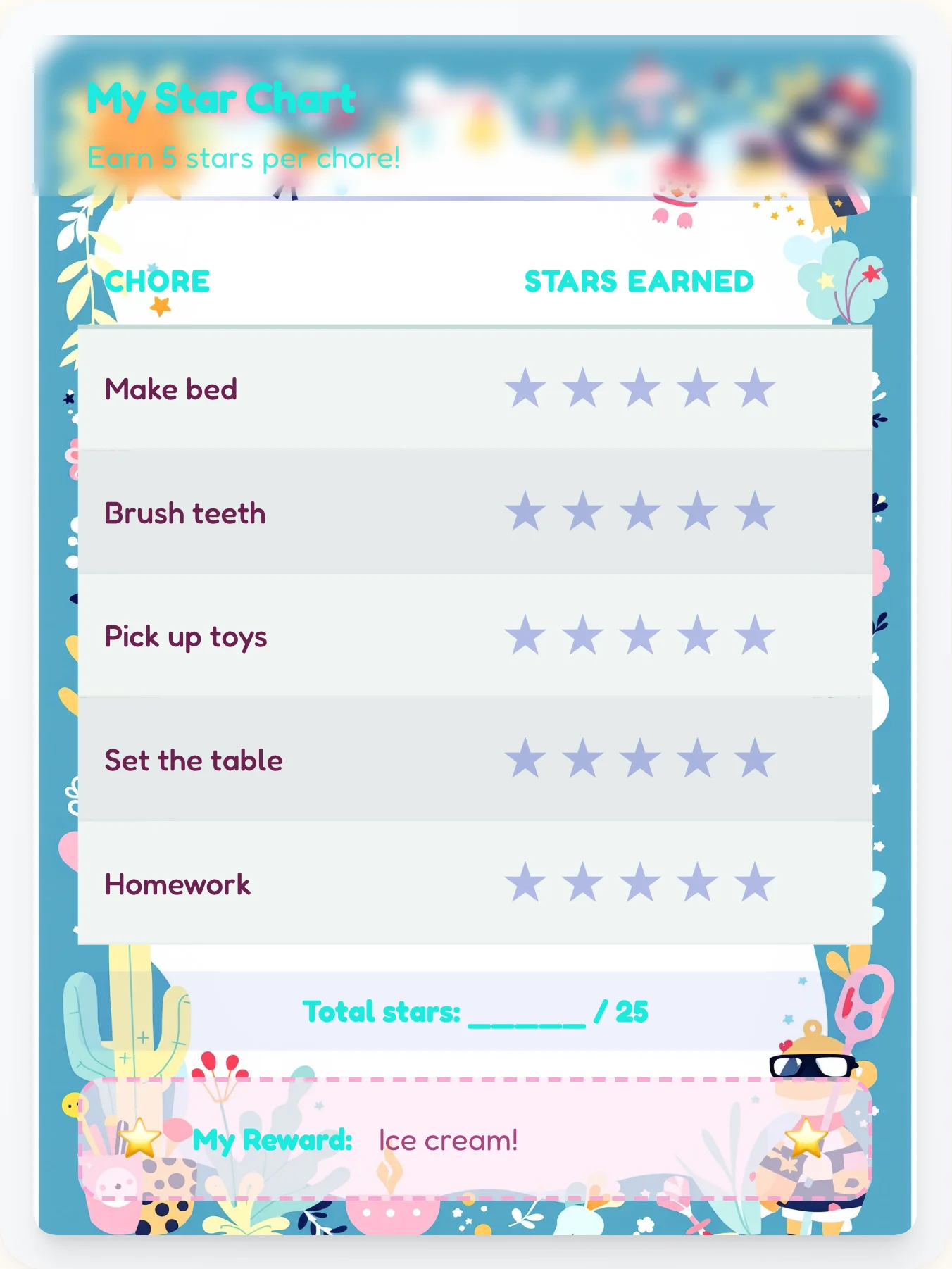 Gentle Kawaii Star Rewards - printable kawaii chore chart