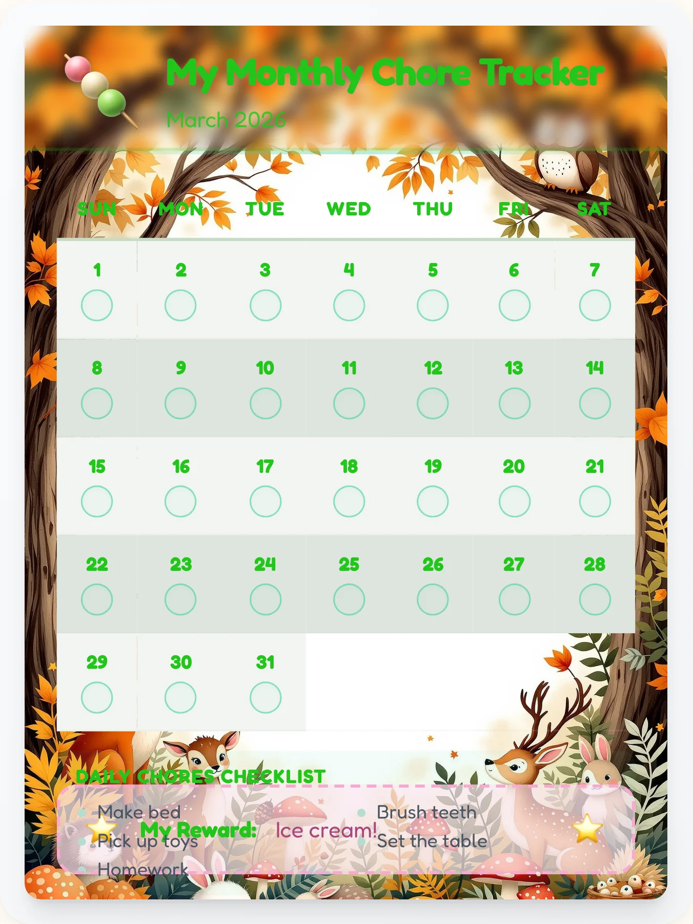 Tender Kawaii Calendar Board - printable kawaii chore chart