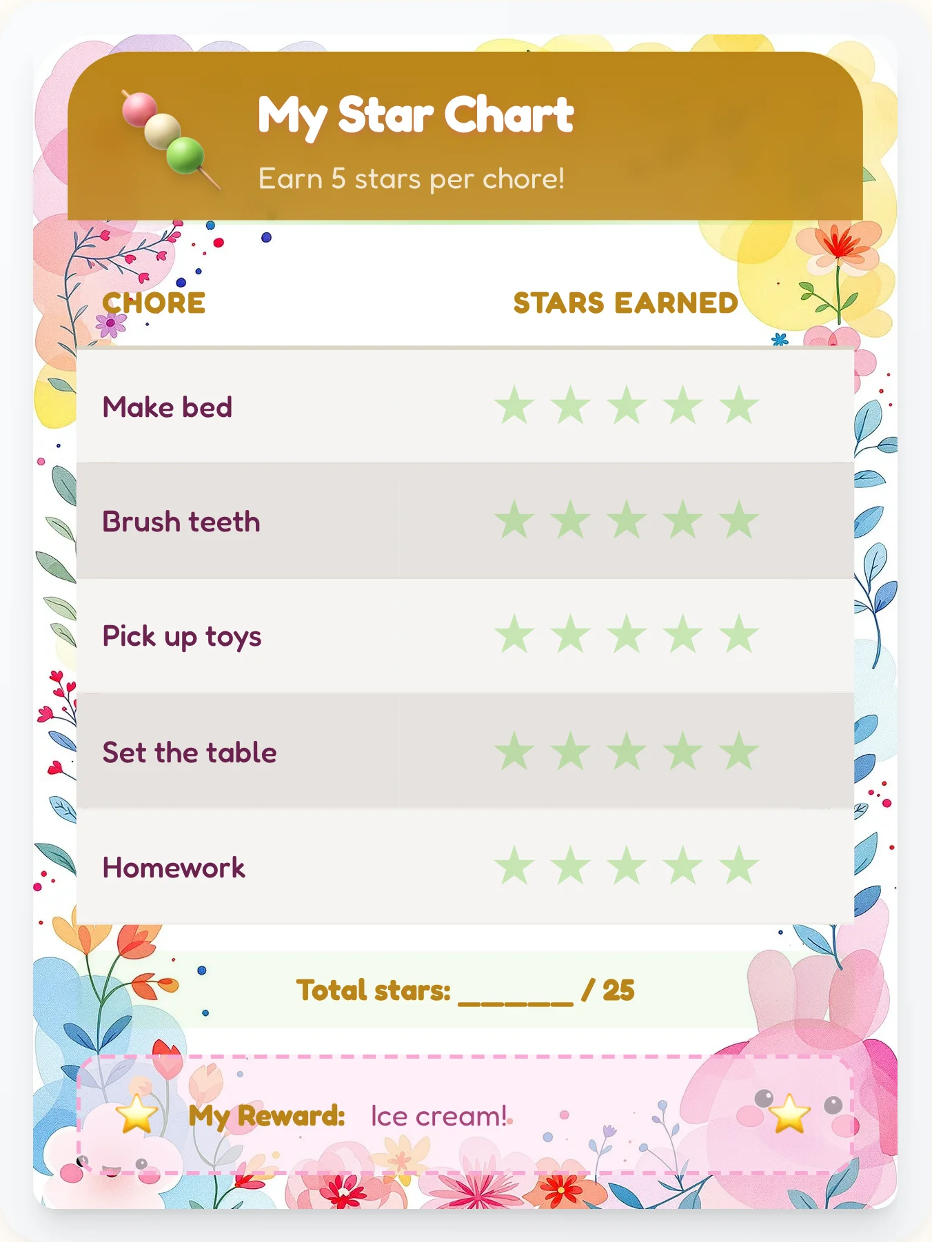 Happy Kawaii Star Chart - printable kawaii chore chart
