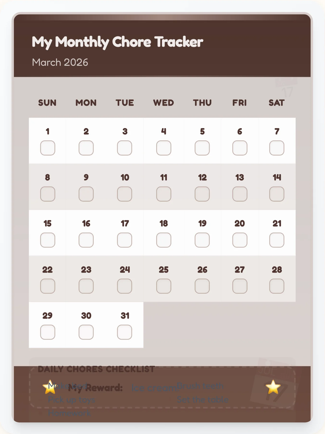 Mahogany Monthly Task Calendar - printable professional chore chart