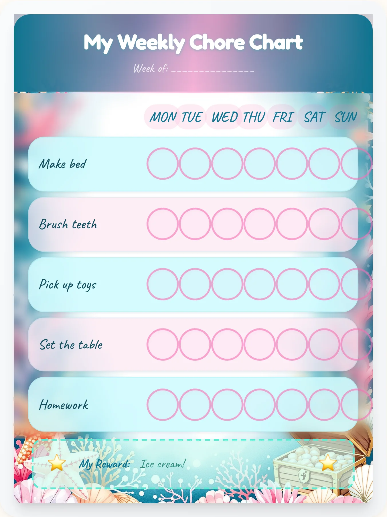 Mermaid Cove Watercolor Chore Chart - printable mermaid chore chart