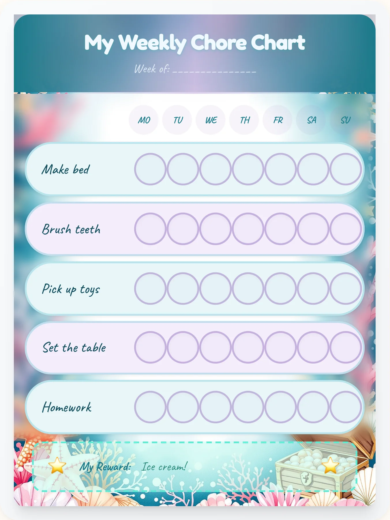 Mermaid Moonlit Lagoon Chore Chart — Free Printable Weekly Grid - printable mermaid chore chart
