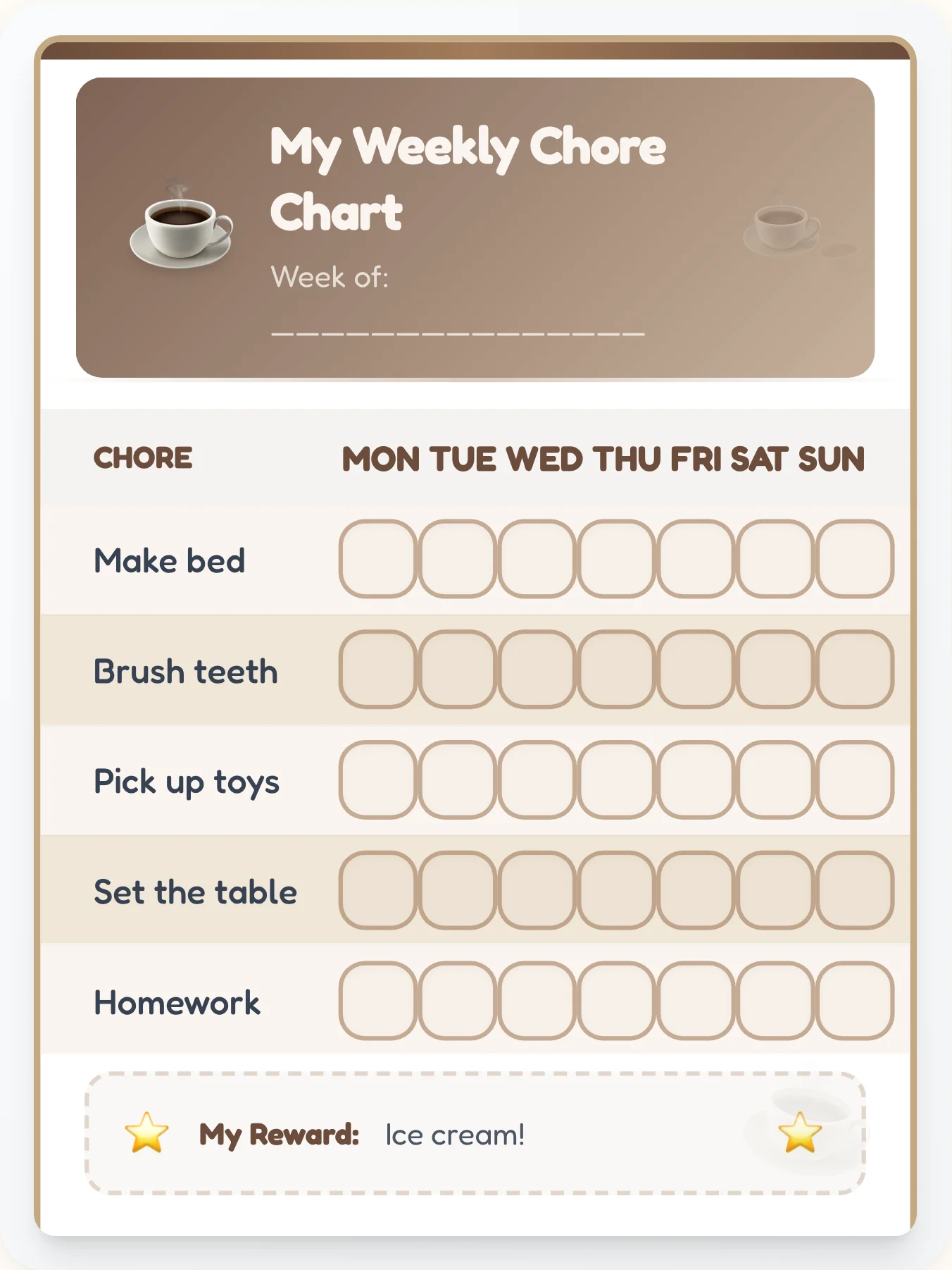 Mocha Warm Chore Chart - printable mocha chore chart