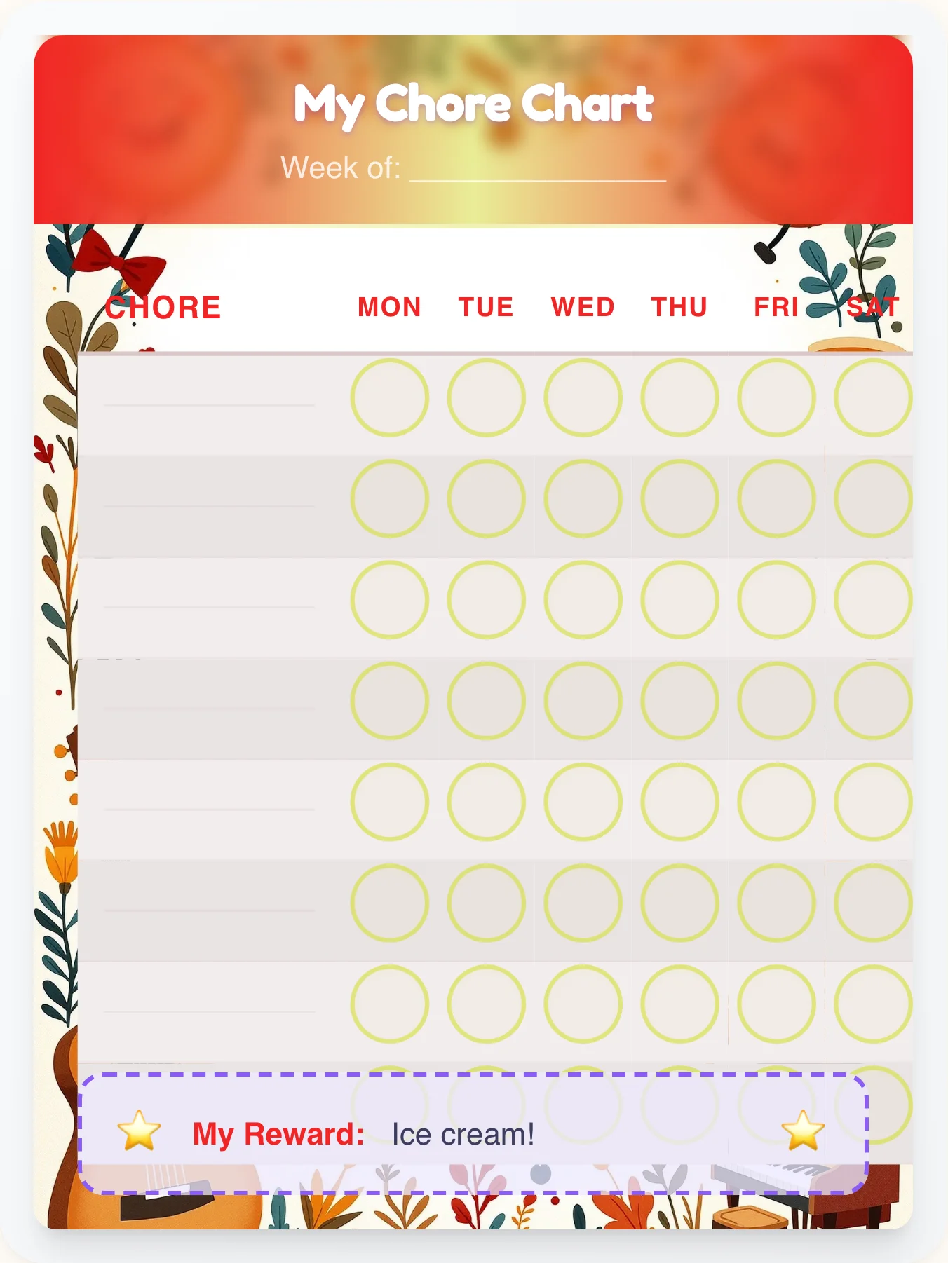 Bright Music Blank Canvas - printable music chore chart