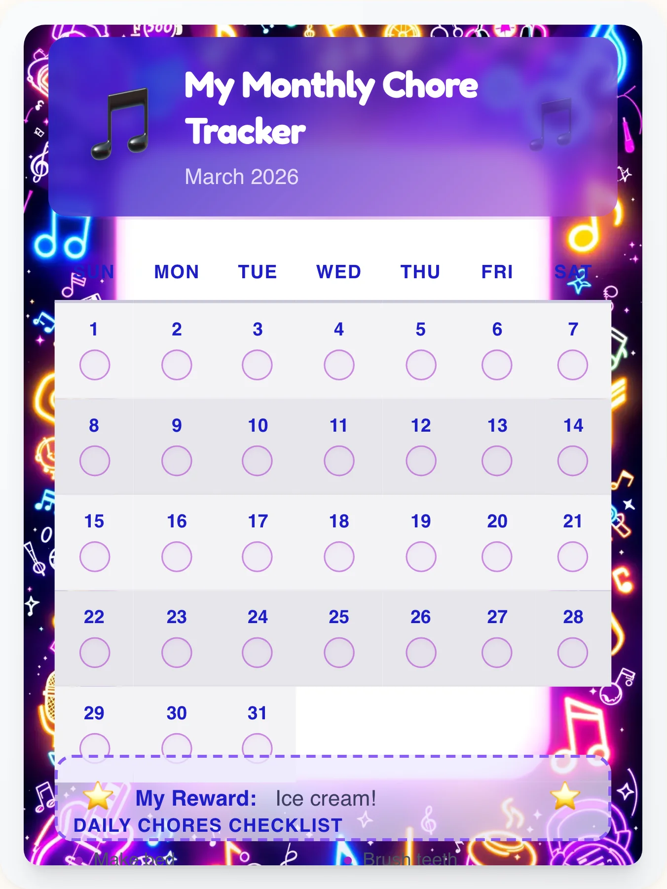 Organic Music Calendar Board - printable music chore chart