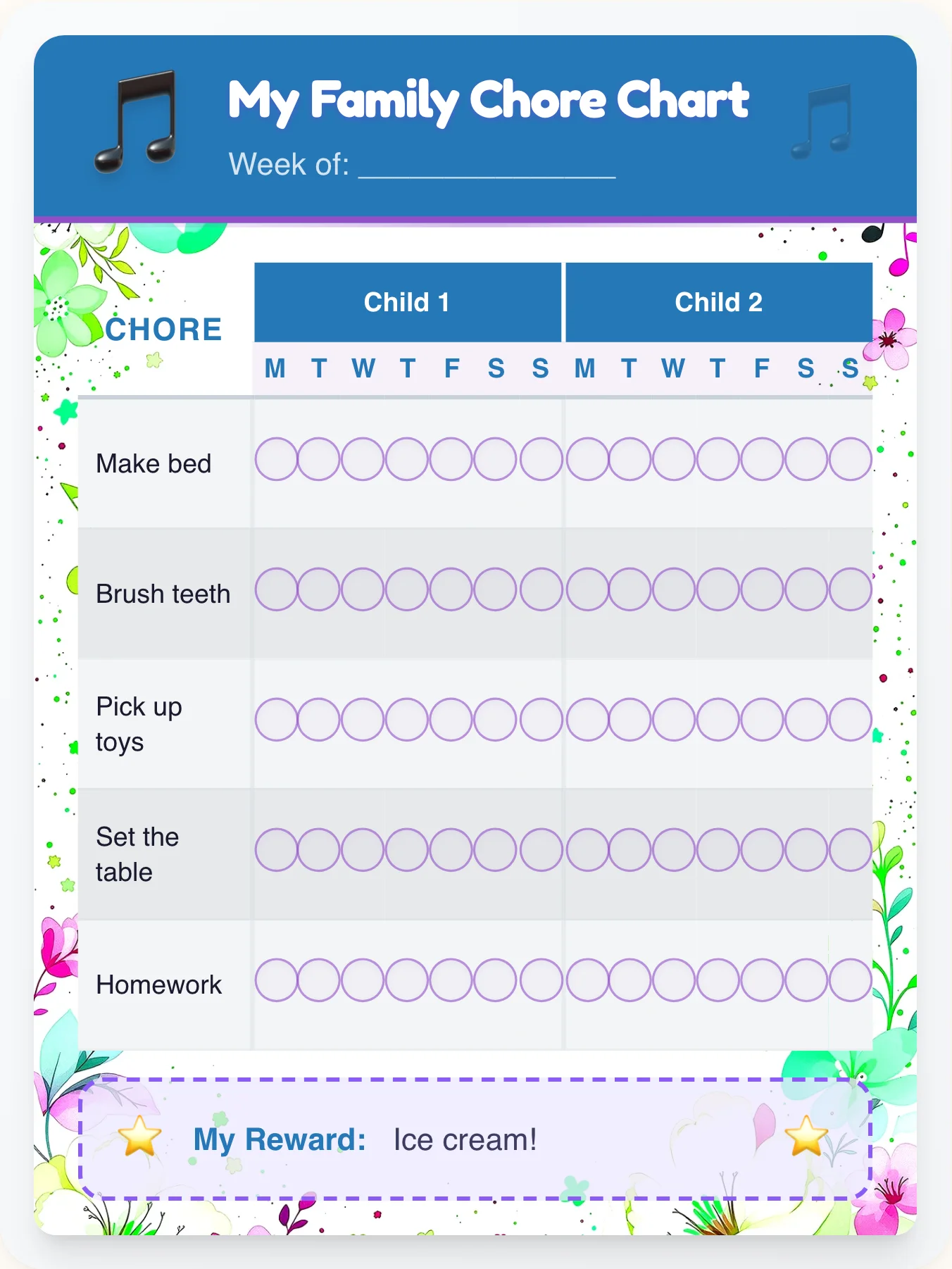 Joyful Music Team Chart - printable music chore chart