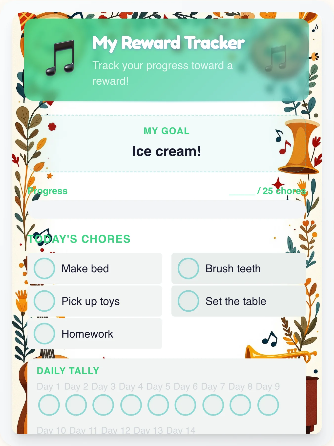 Cheerful Music Points Tracker - printable music chore chart