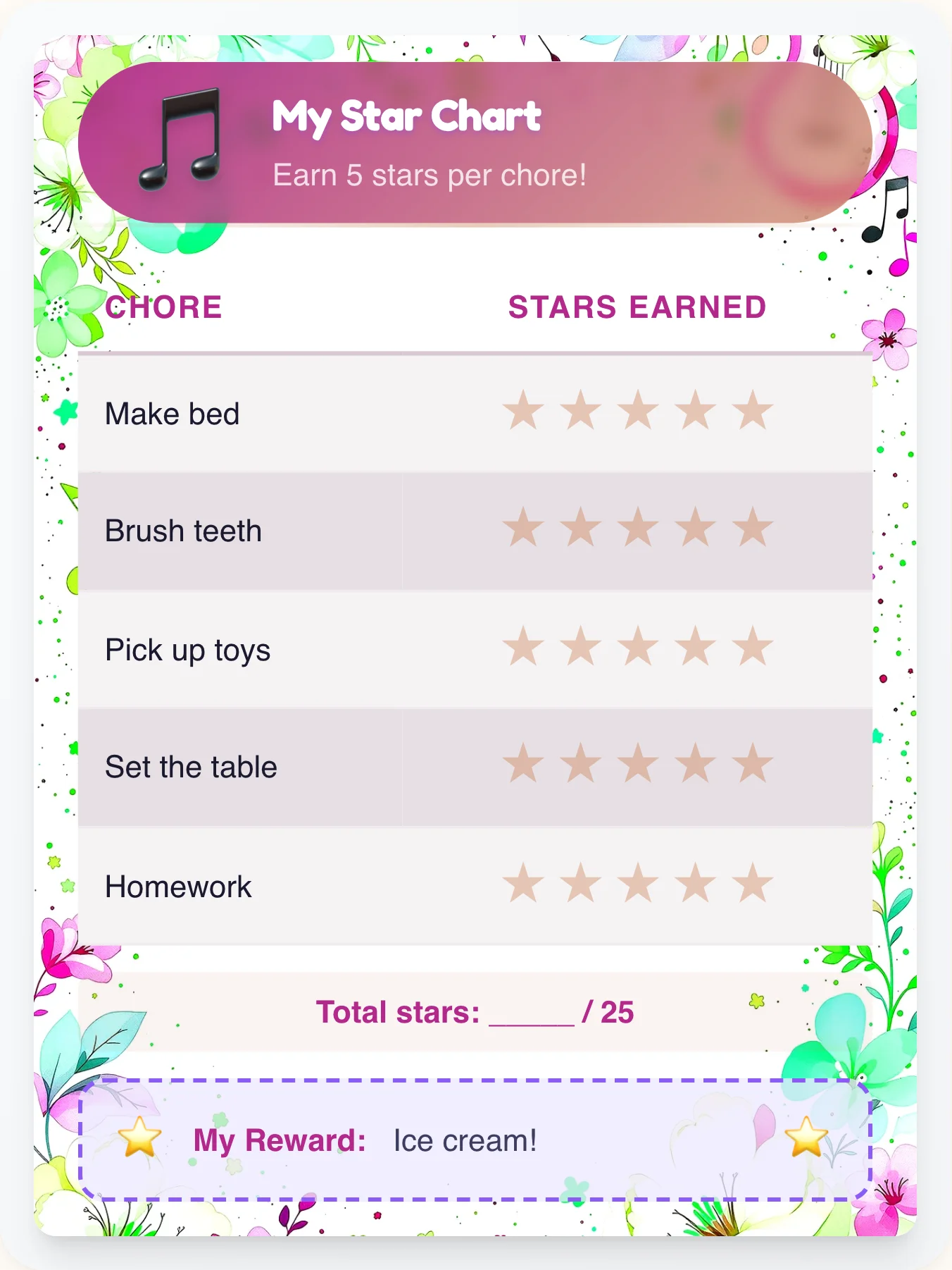 Bold Music Star Board - printable music chore chart