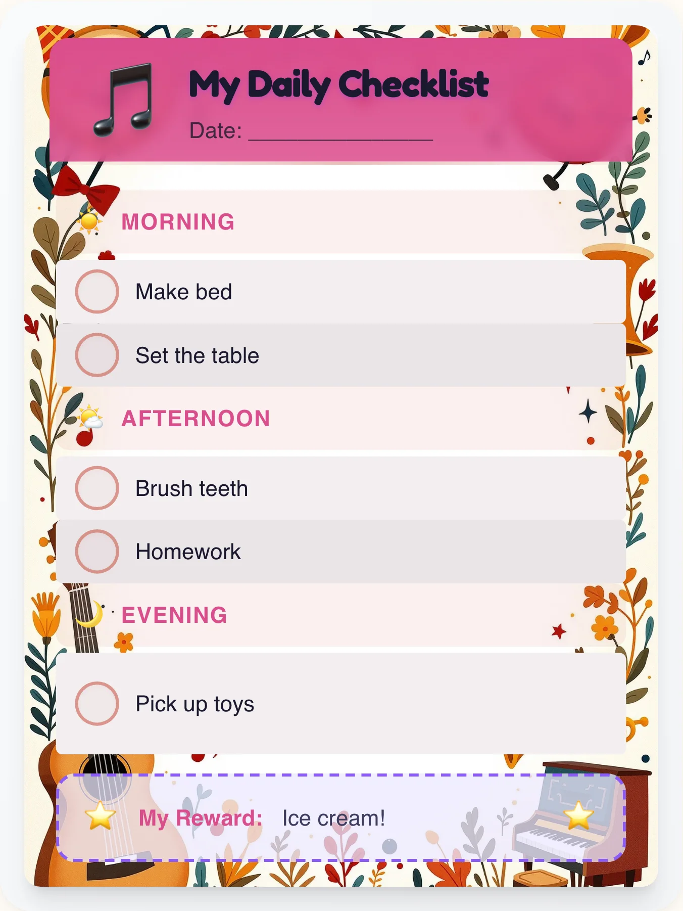 Delicate Music To-Do Chart - printable music chore chart