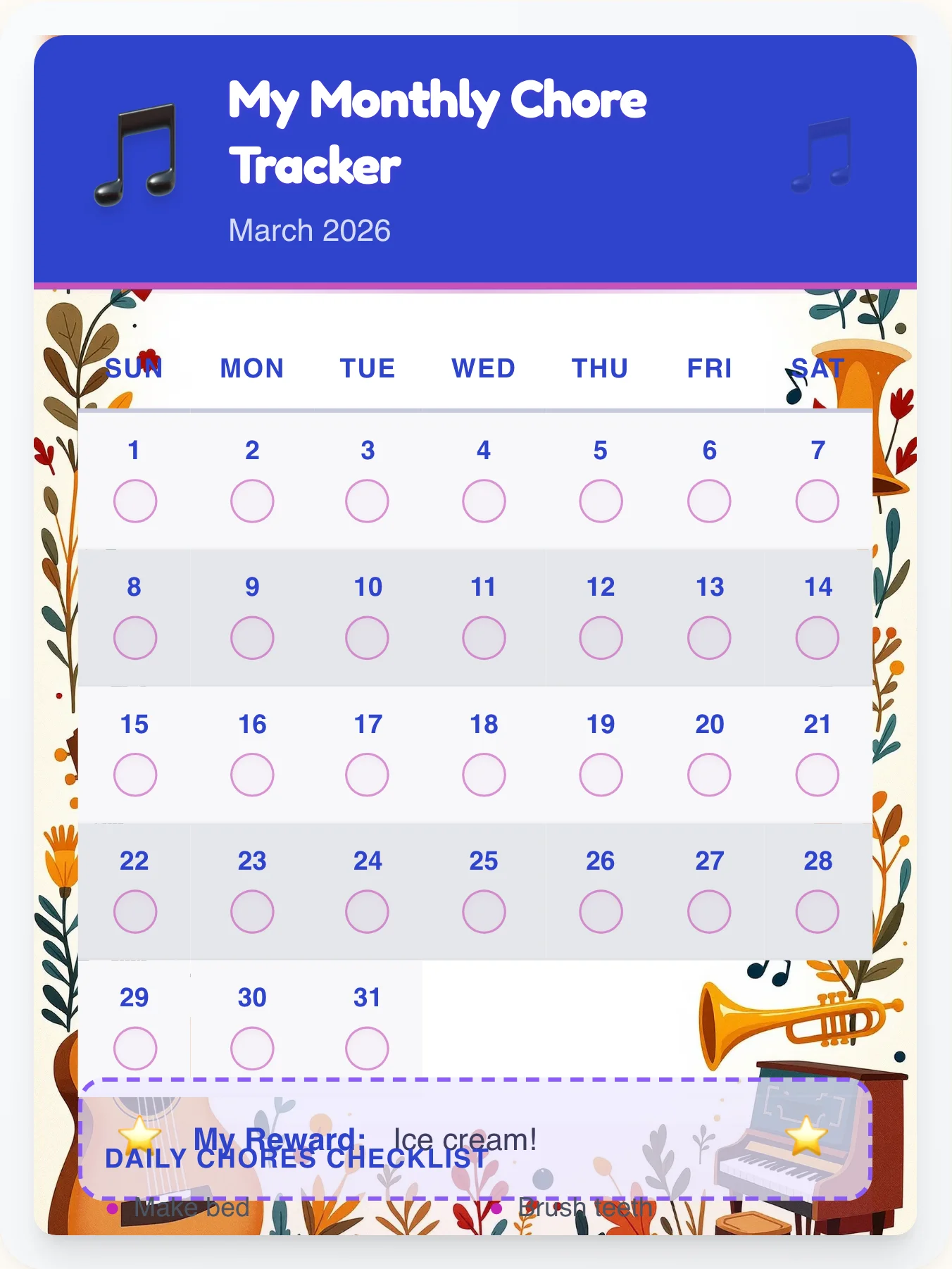 Natural Music Month View - printable music chore chart