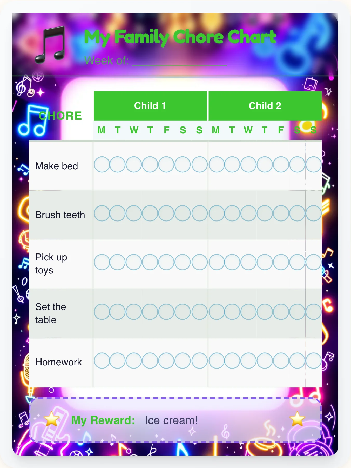 Tender Music Multi-Kid Tracker - printable music chore chart