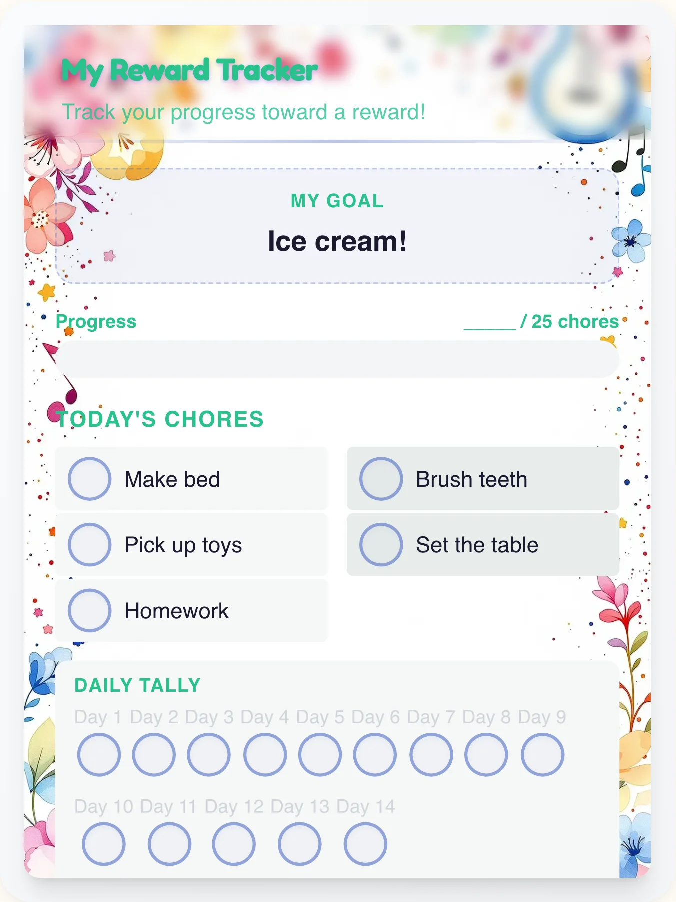 Dainty Music Points Tracker - printable music chore chart