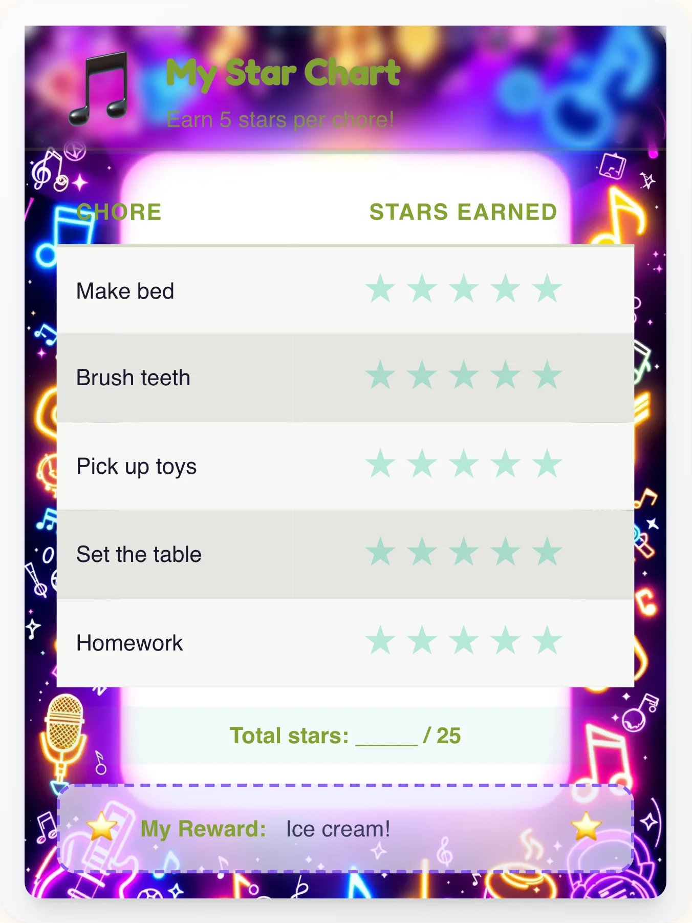 Noble Music Star Chart - printable music chore chart