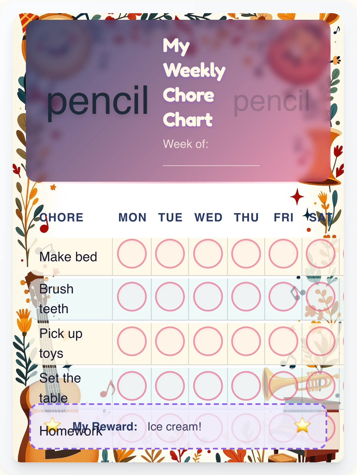 My Music Sketchbook - Free Printable Music Chore Chart - printable music chore chart