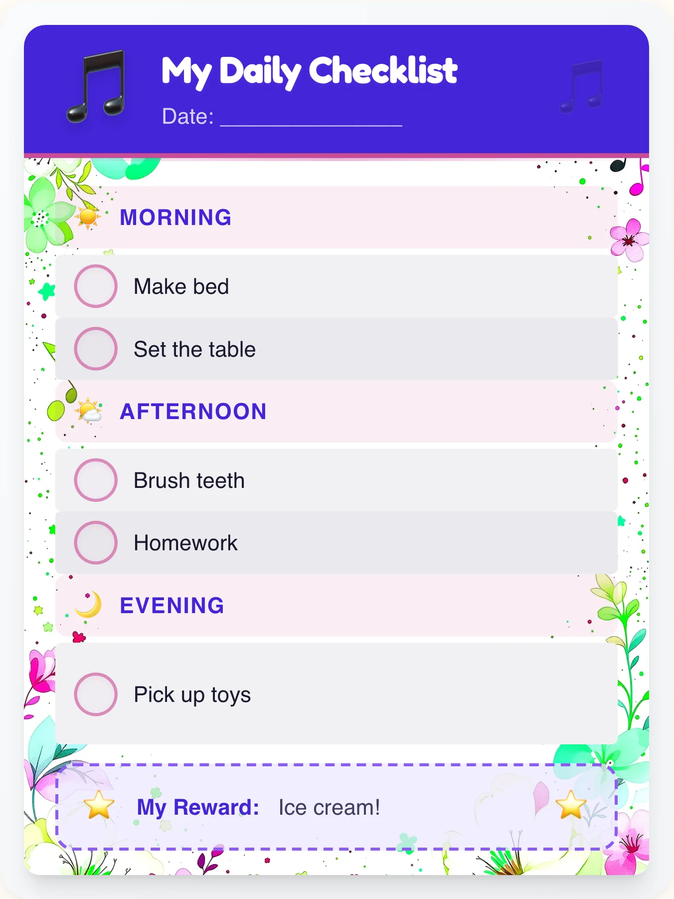 Peaceful Music Daily Log - printable music chore chart
