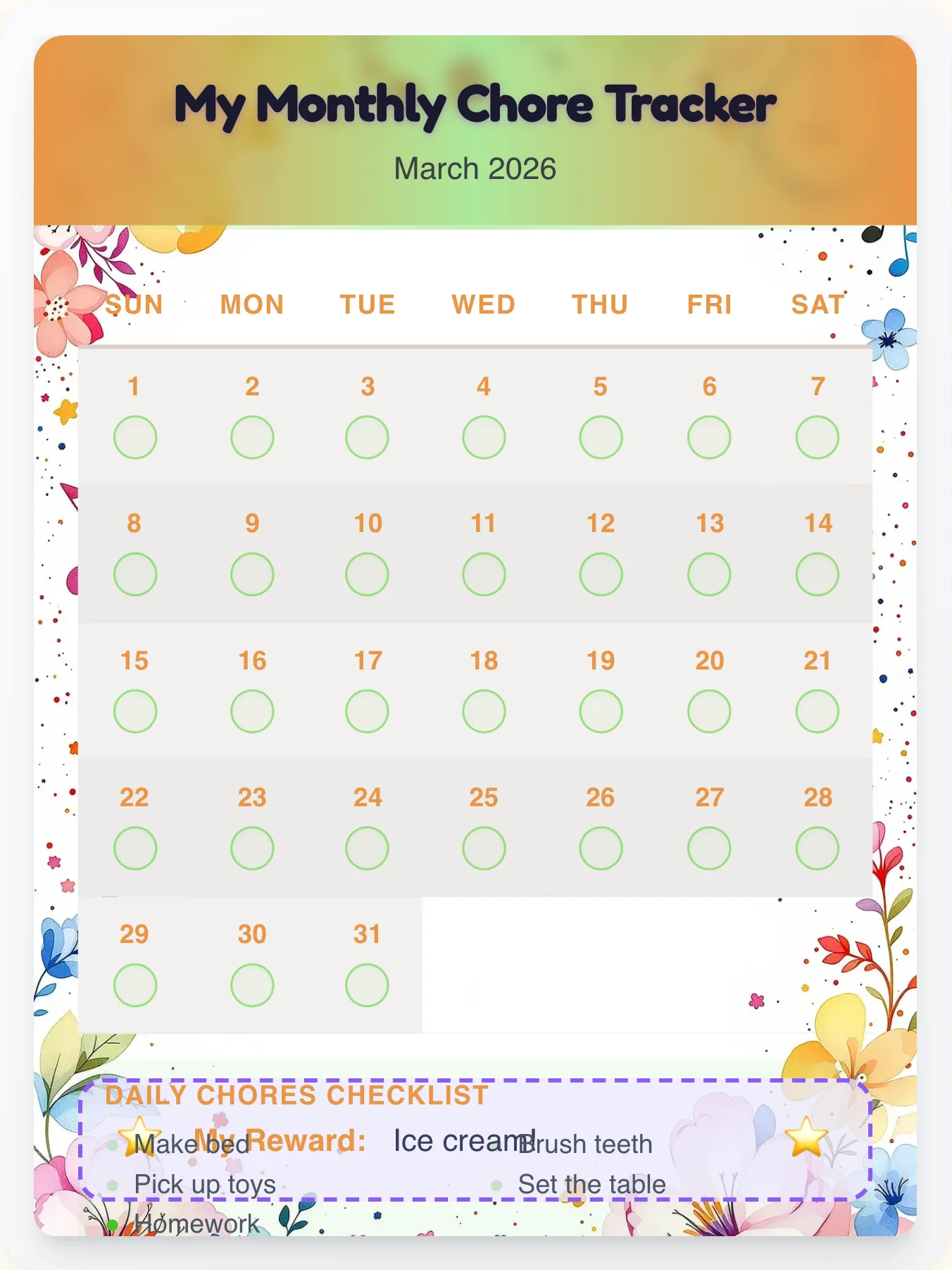 Fresh Music Monthly Planner - printable music chore chart