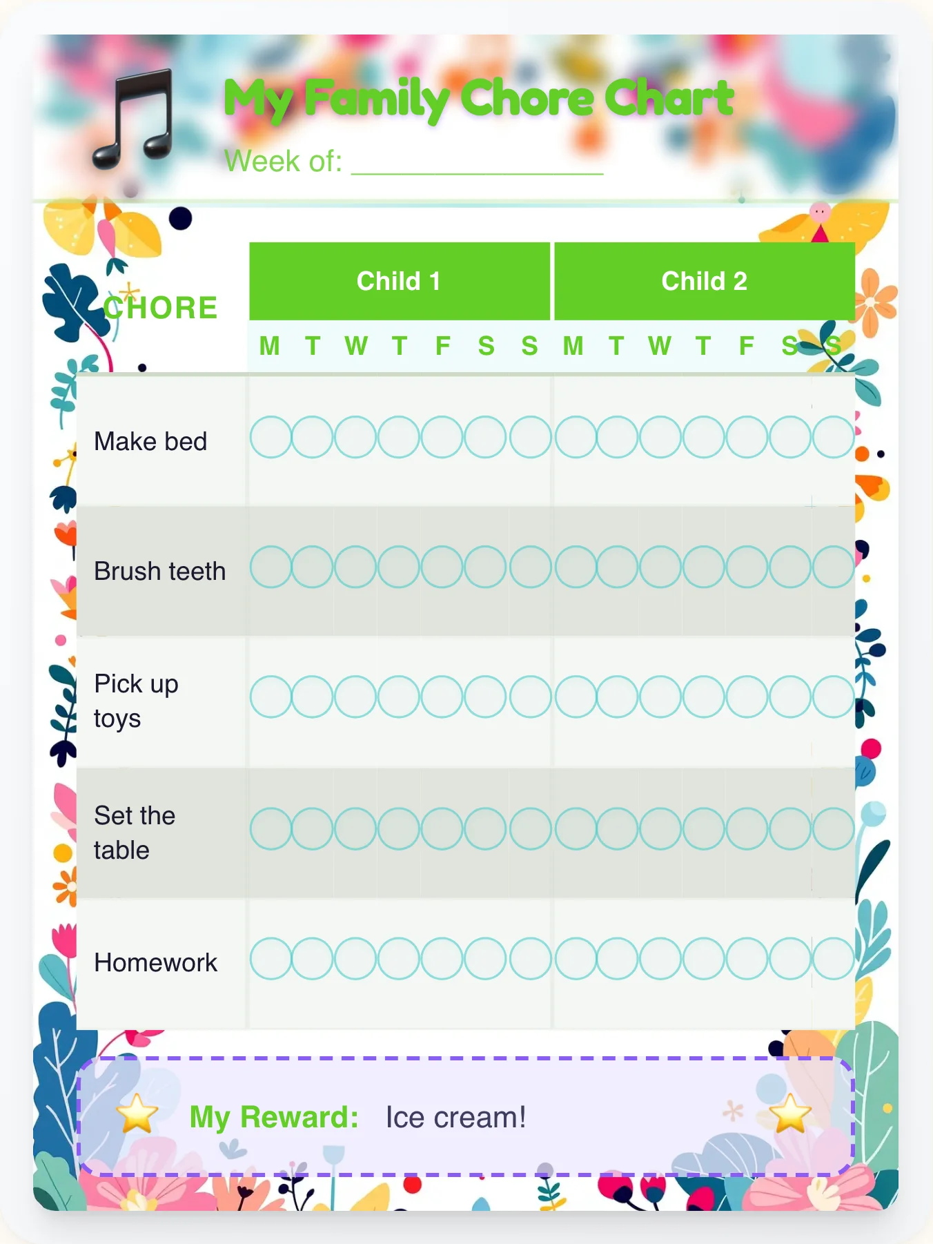Radiant Music Team Chart - printable music chore chart